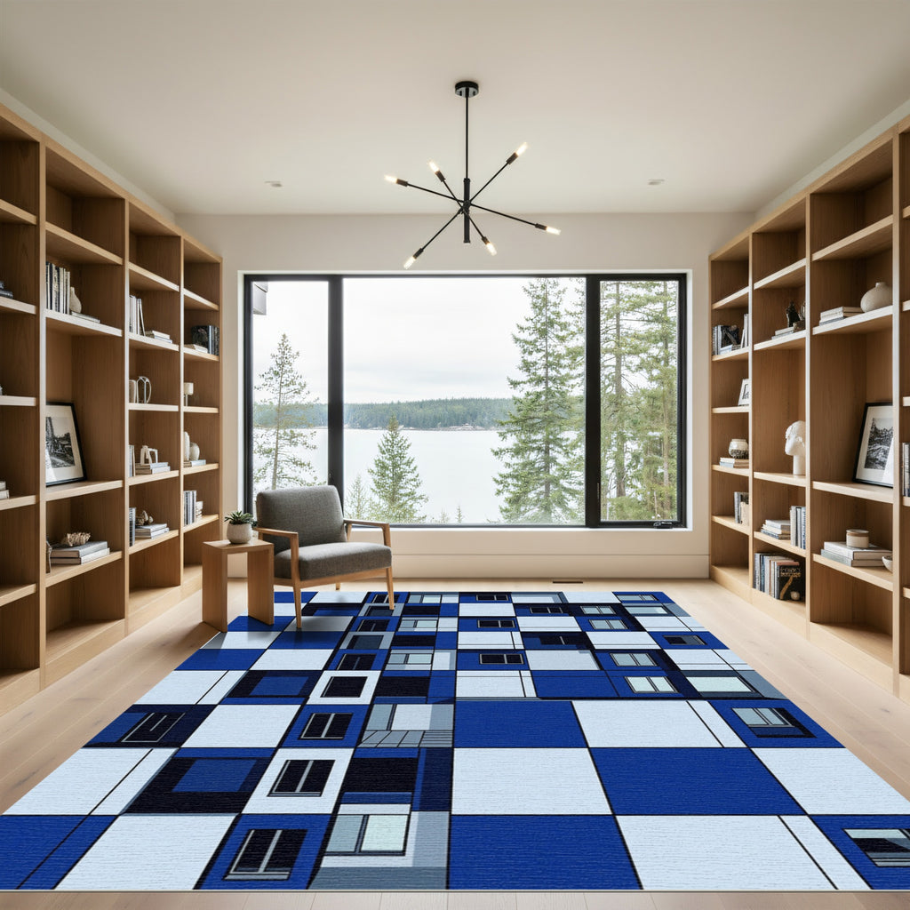 Modern Blue White Geometric Grid Rug