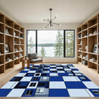 Modern Blue White Geometric Grid Rug