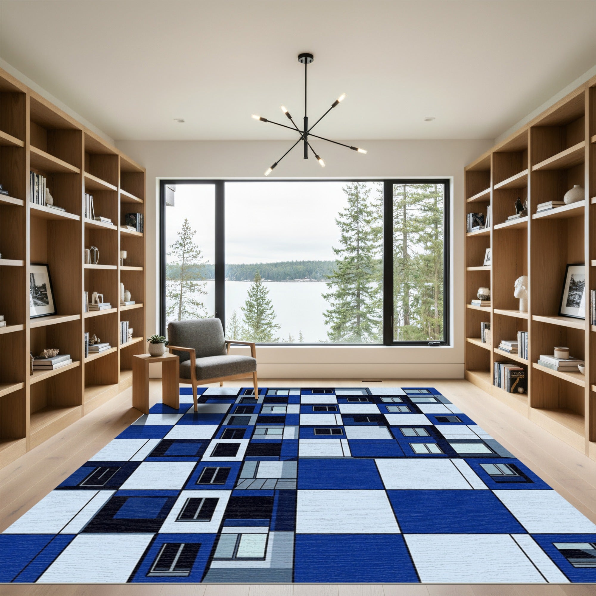 Modern Blue White Geometric Grid Rug