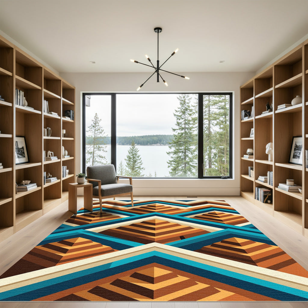 Geometric Aztec Pyramid Staircase Teal Rug
