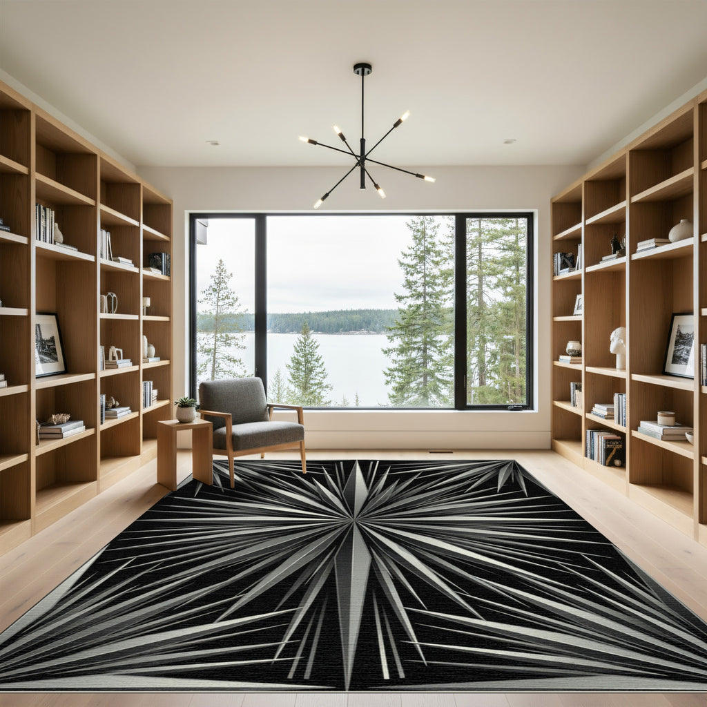 Monochrome Silver Radiant Starburst Art Rug