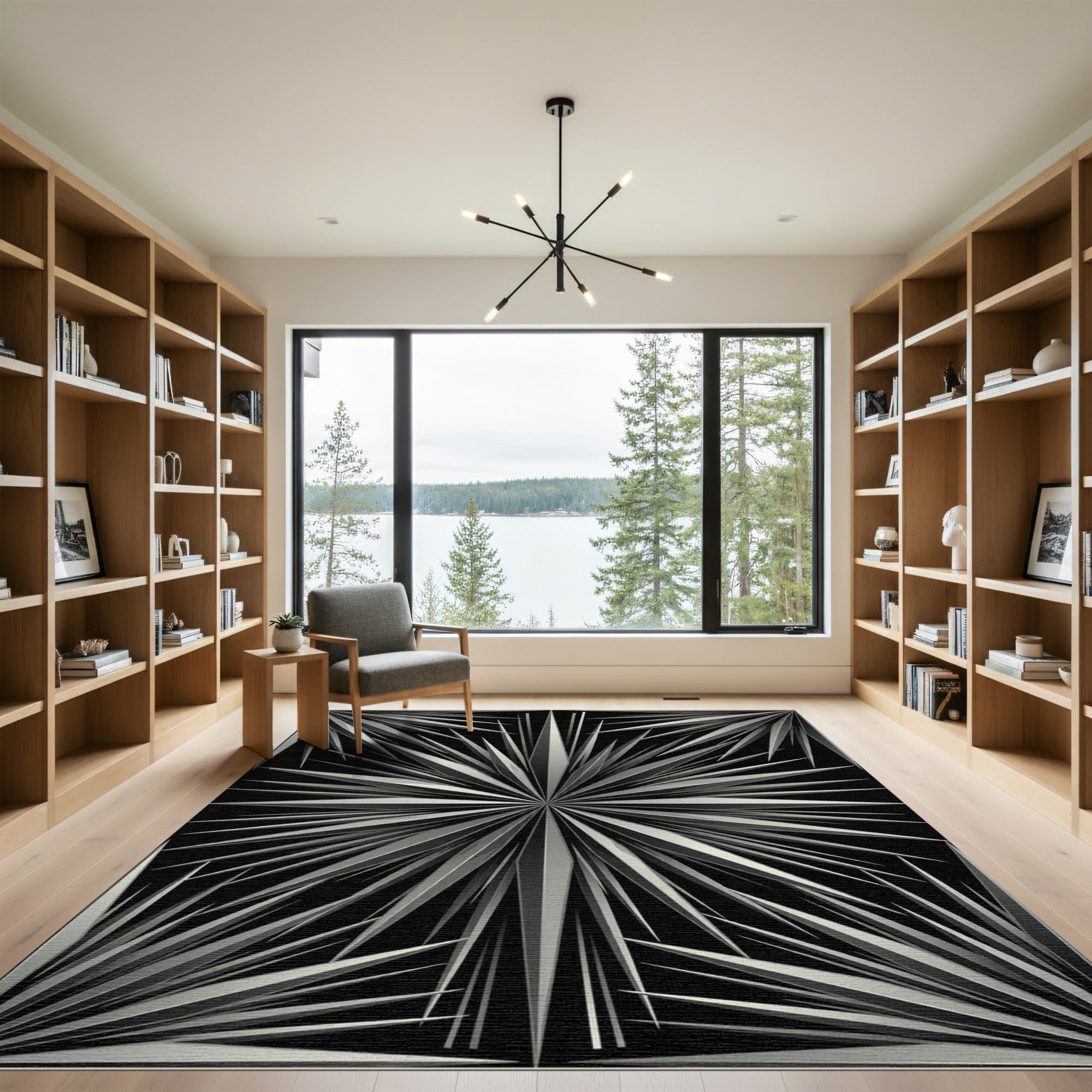 Monochrome Silver Radiant Starburst Art Rug
