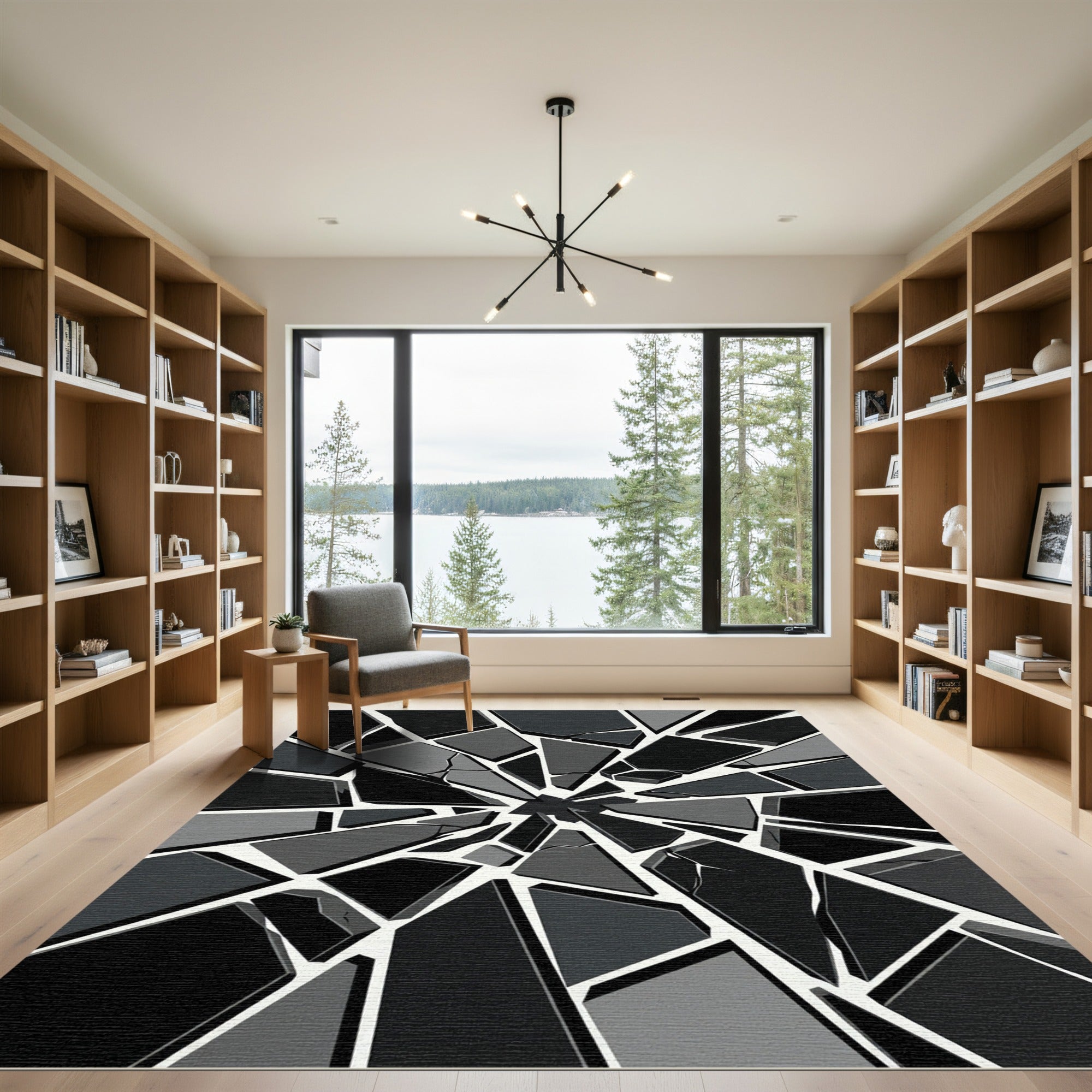 Monochrome Geometric Shattered Glass Fragment Rug