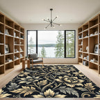 Elegant Golden Floral Ivory Botanical Composition Rug