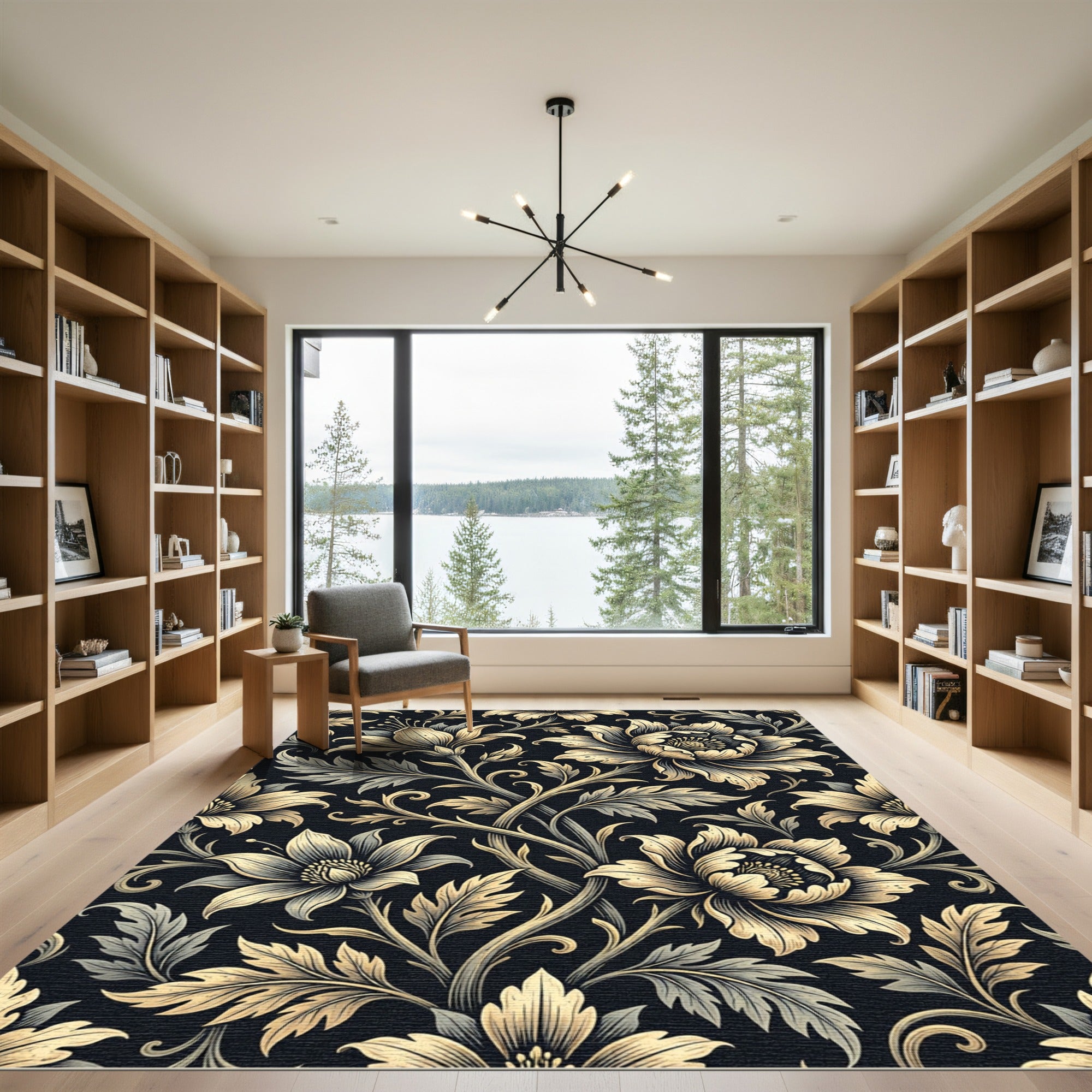 Elegant Golden Floral Ivory Botanical Composition Rug