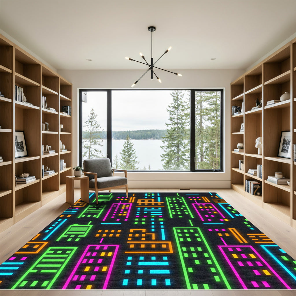 Neon City Skyline Abstract Urban Art Rug