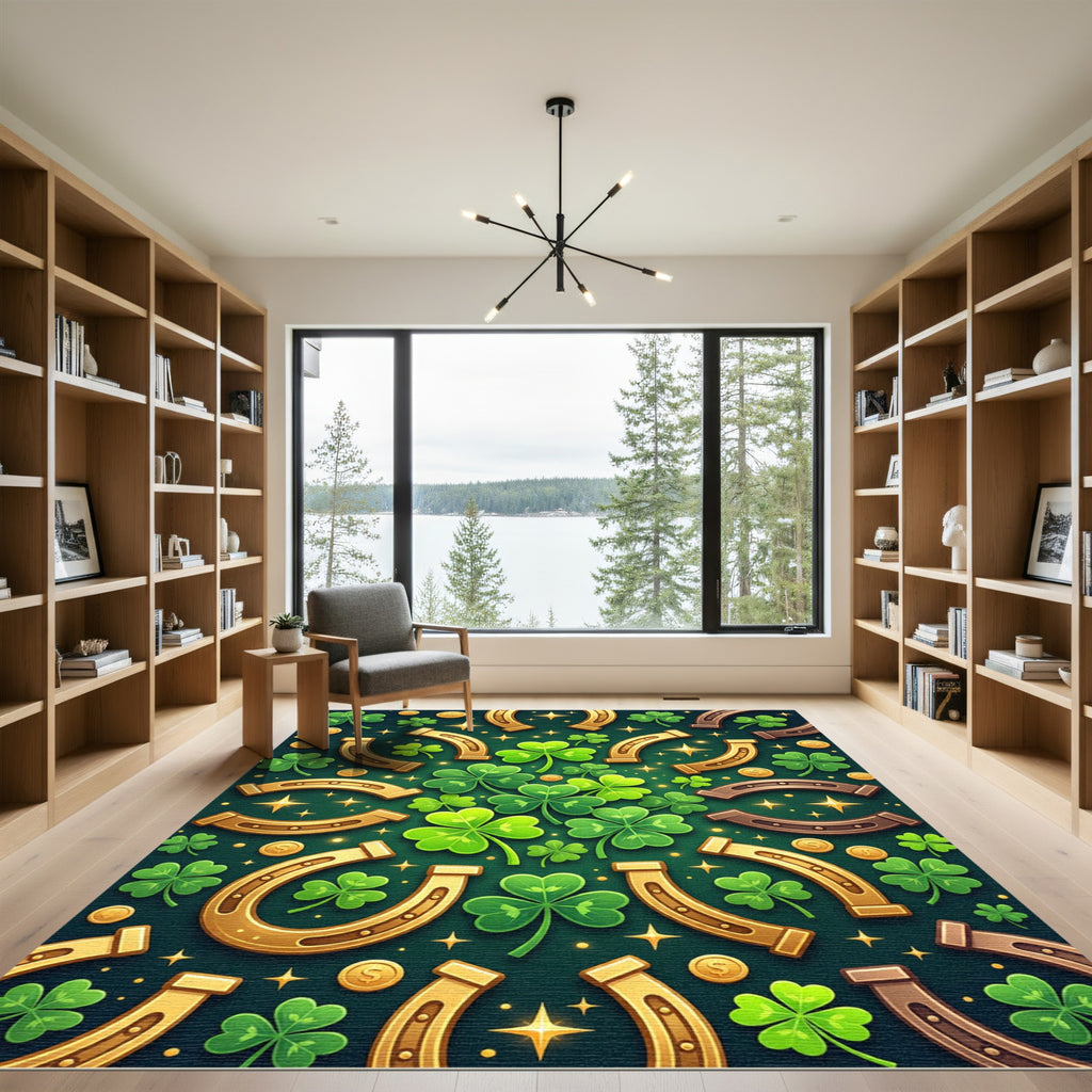 Golden Horseshoe and Emerald Shamrock Medallion Rug