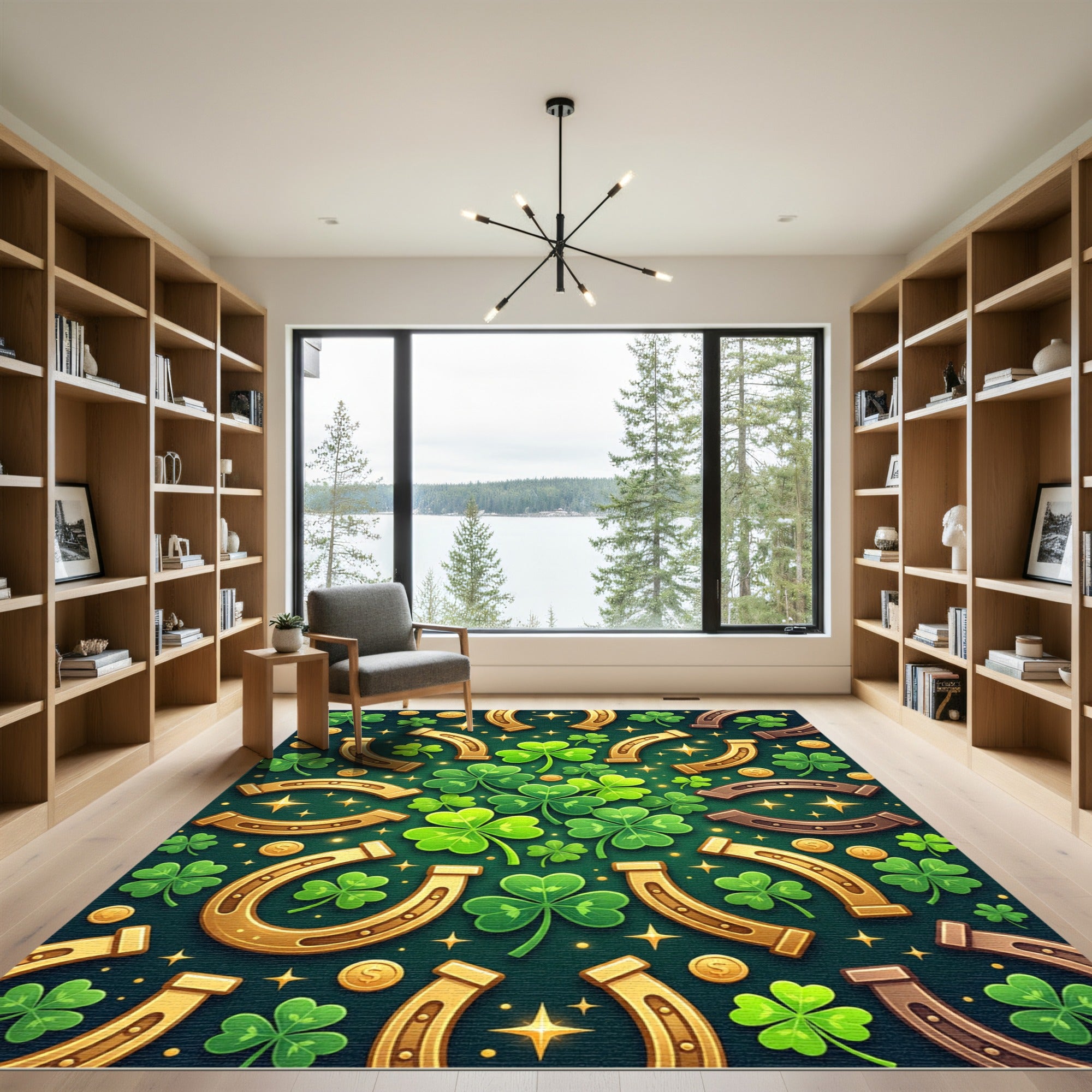 Golden Horseshoe and Emerald Shamrock Medallion Rug