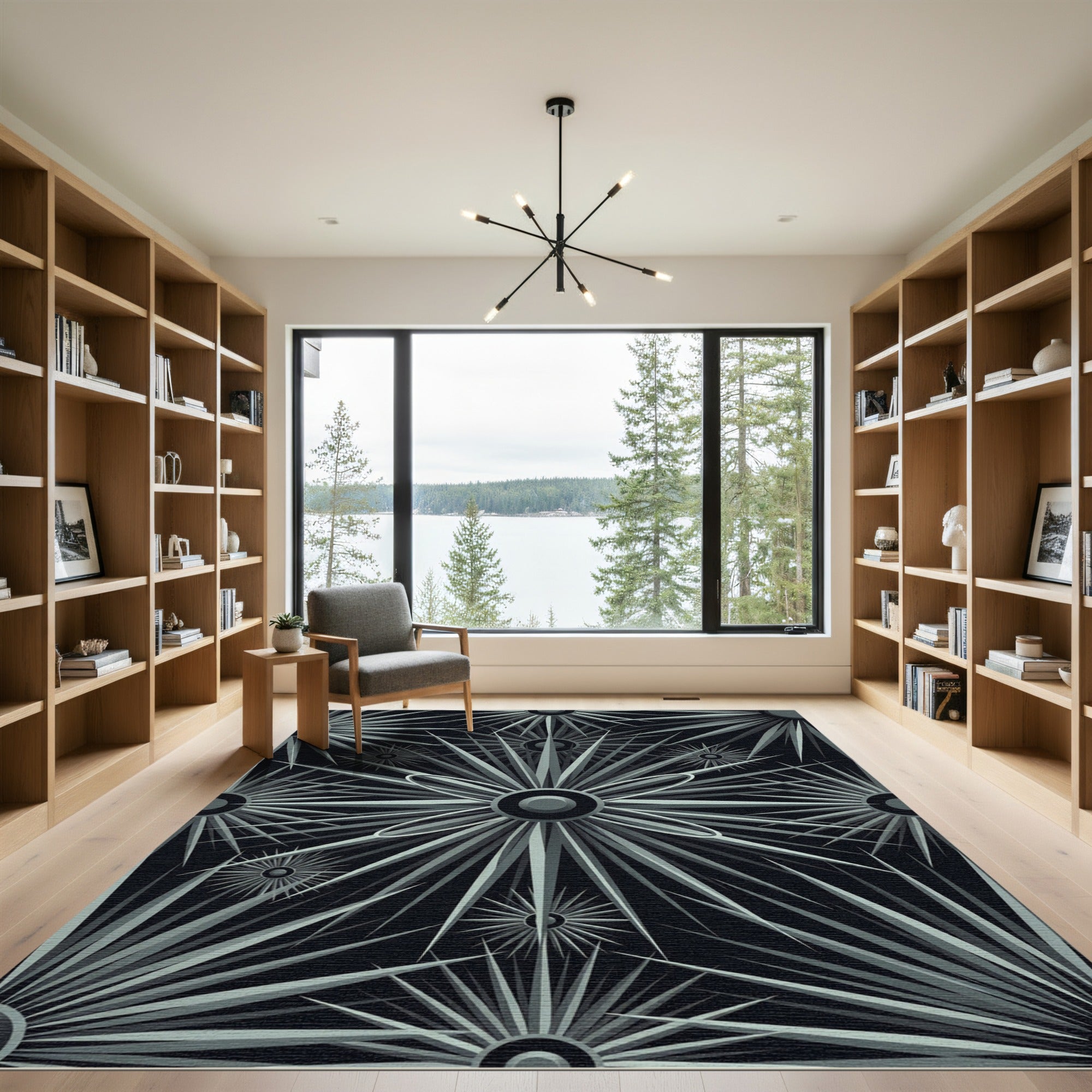 Gray Sunburst Geometric Explosion Rug