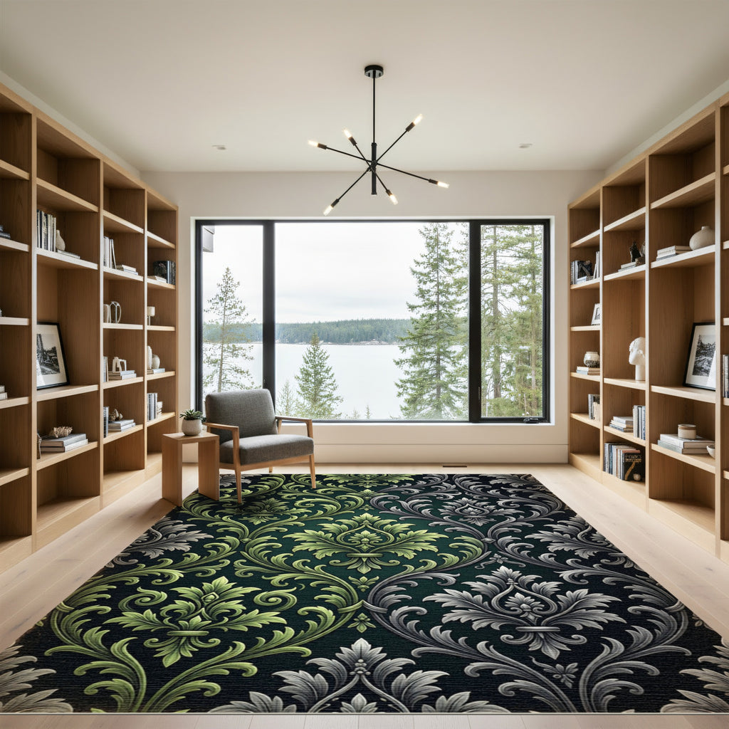 Dark Green Silver Baroque Damask Rug