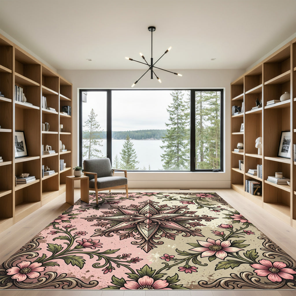 Vintage Pink Floral Star Medallion Rug