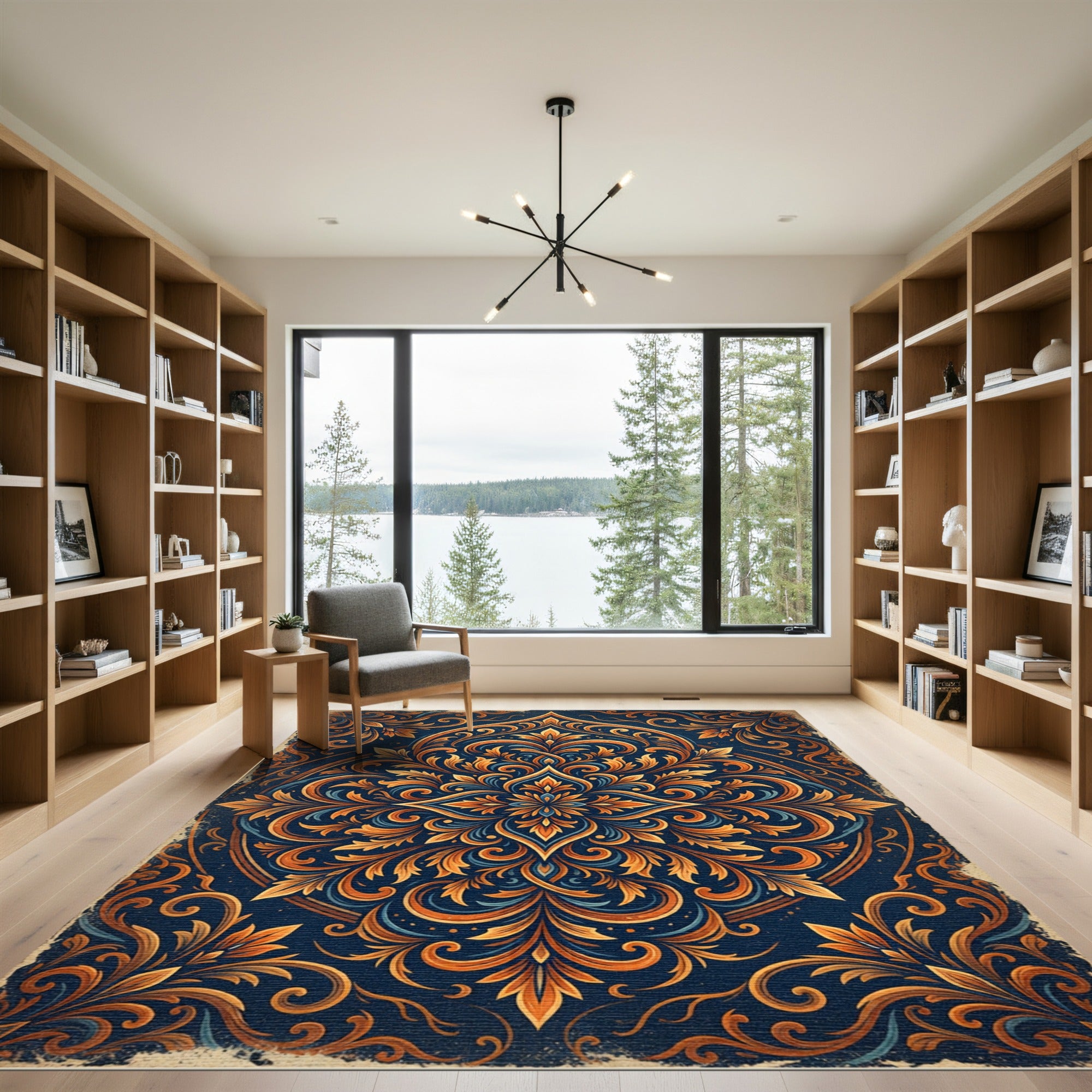 Elegant Amber Floral Medallion Navy Ornate Rug