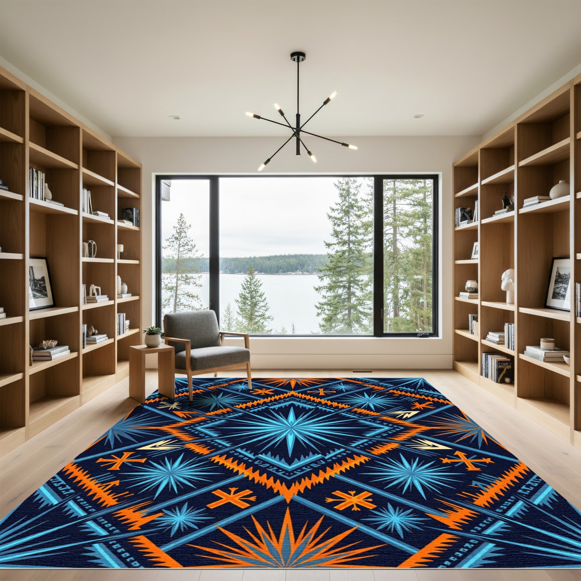 Deep Blue Orange Starburst Geometric Rug