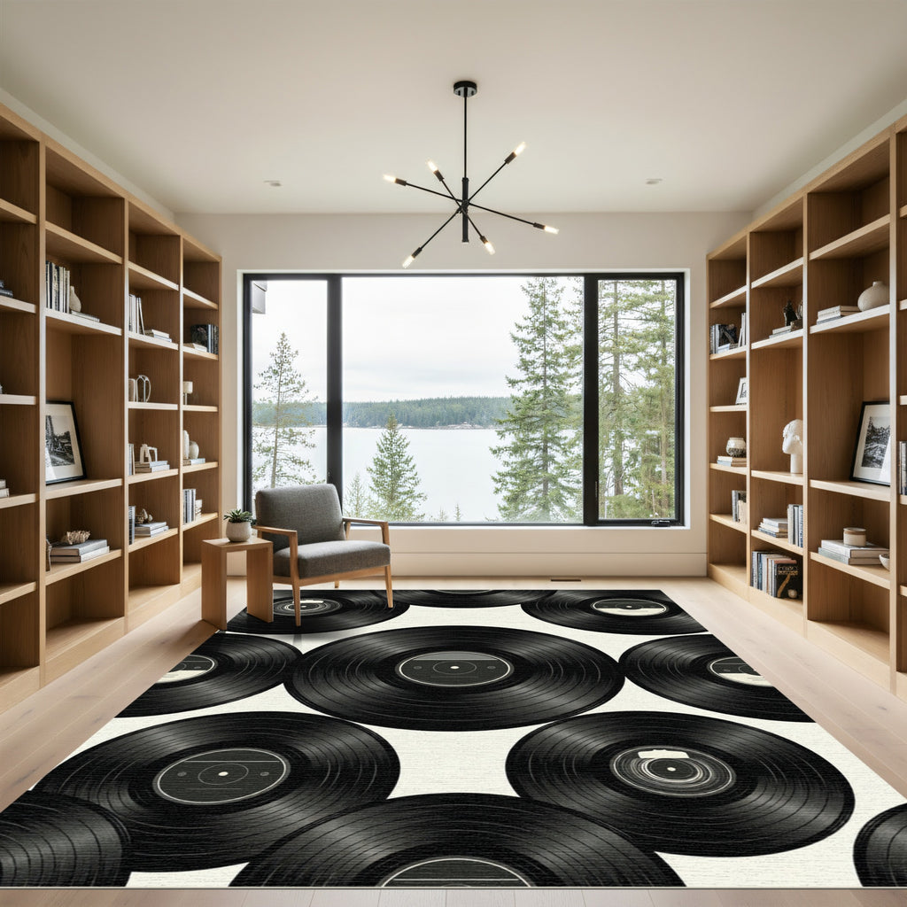 Minimalist Black and White Vinyl Records Rug