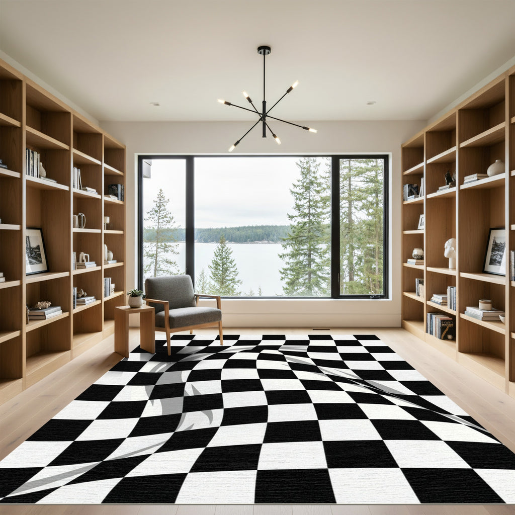 Distorted Monochrome Checkered Optical Wave Rug