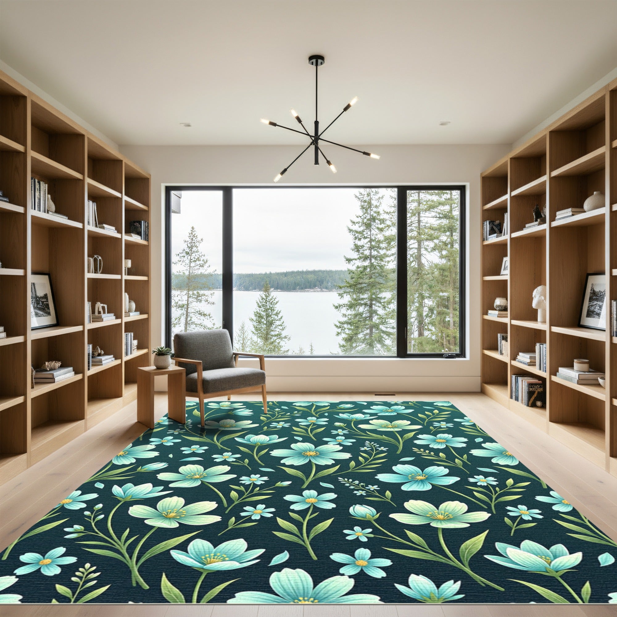 Teal Floral Garden Motif Rug