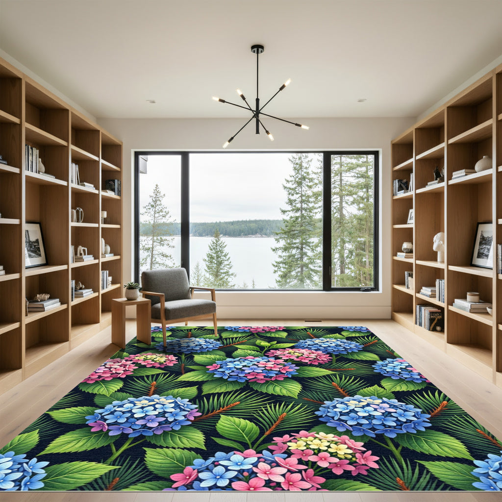 Lush Blue Pink Hydrangea Foliage Rug