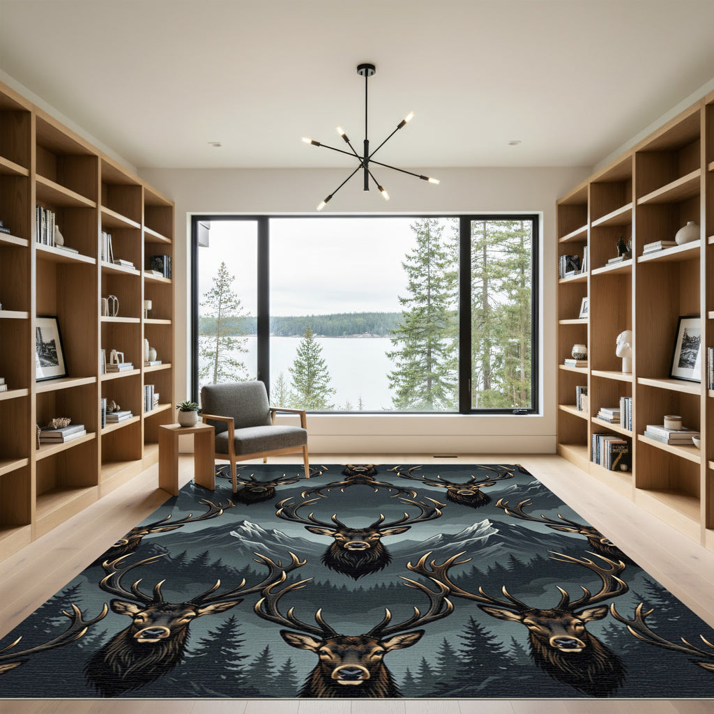 Majestic Stag Heads Forest Mountain Dusk Rug
