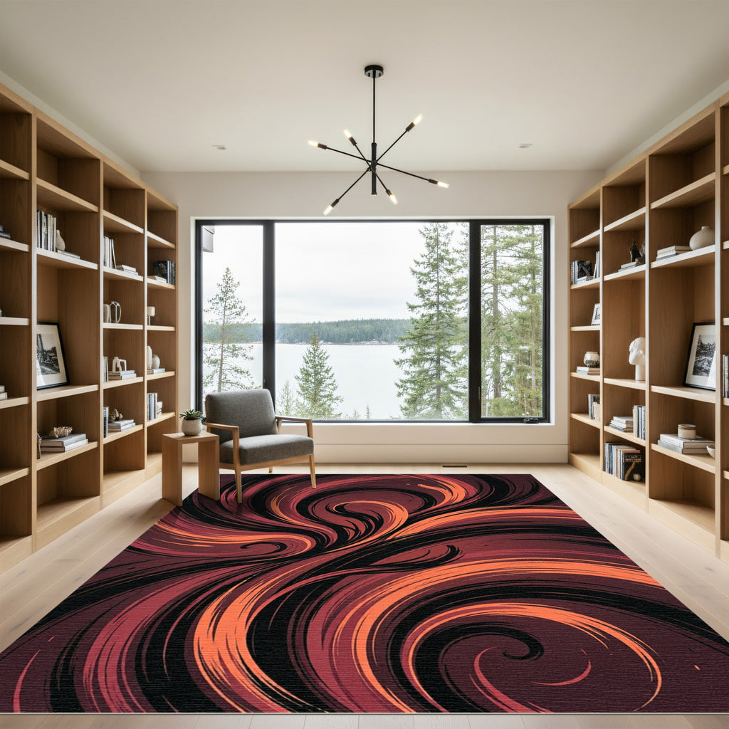 Abstract Crimson Black Swirling Fluid Art Rug