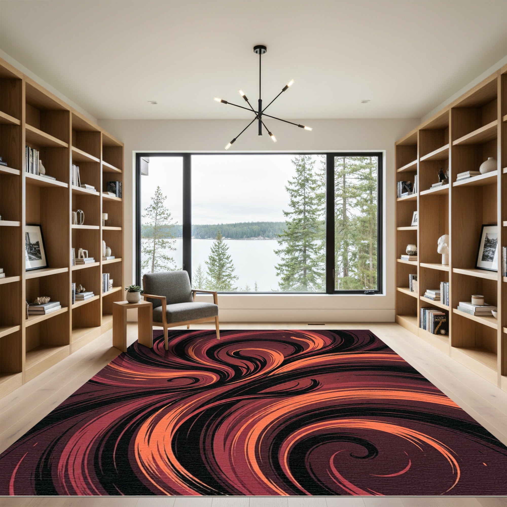 Abstract Crimson Black Swirling Fluid Art Rug