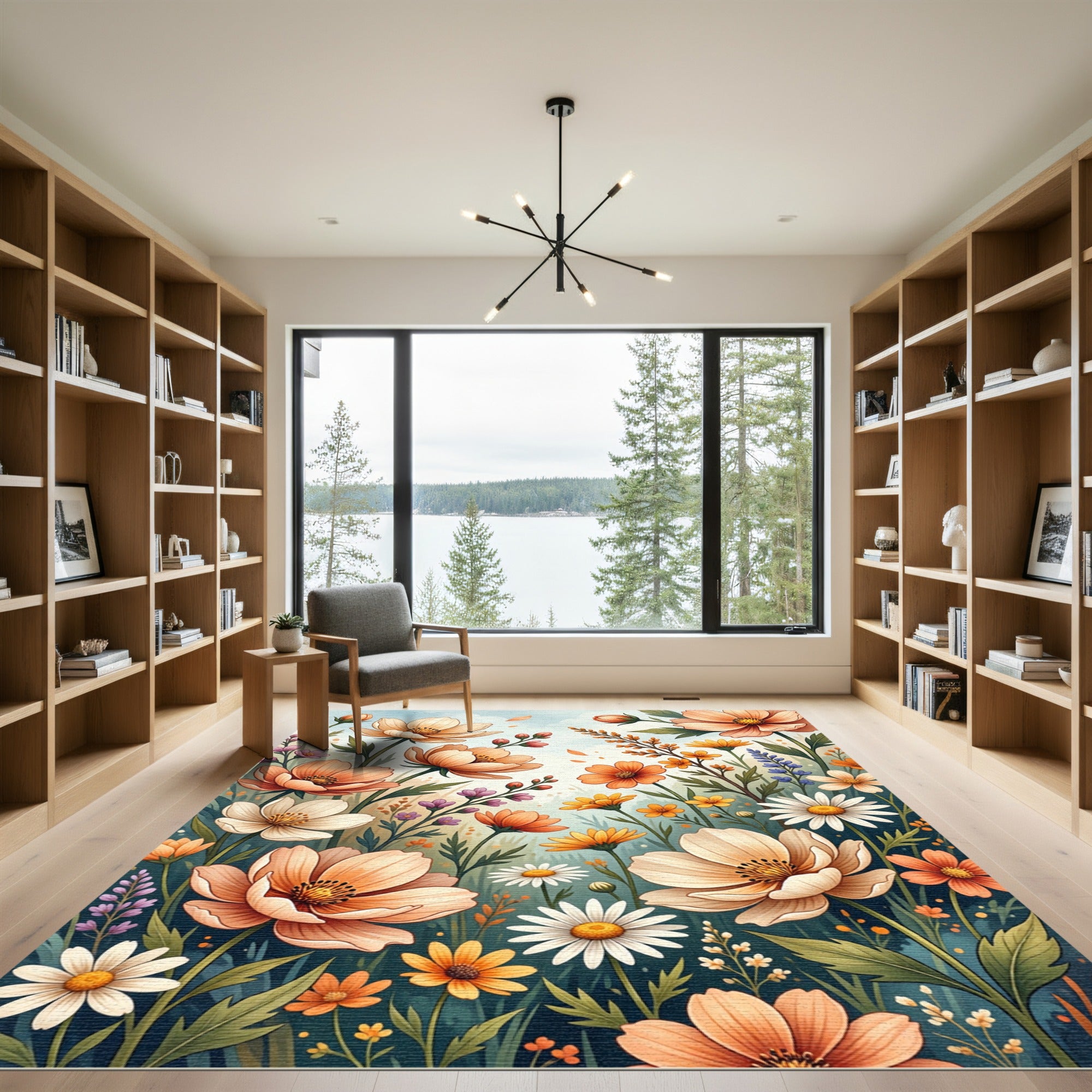 Whimsical Peach Floral Garden Rug