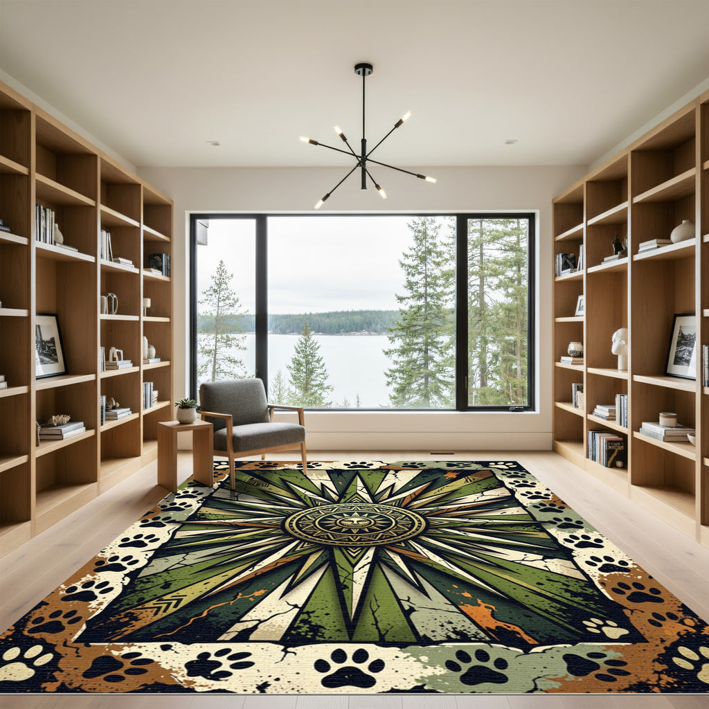 Celestial Sunburst Olive Paw Earthy Area Rug