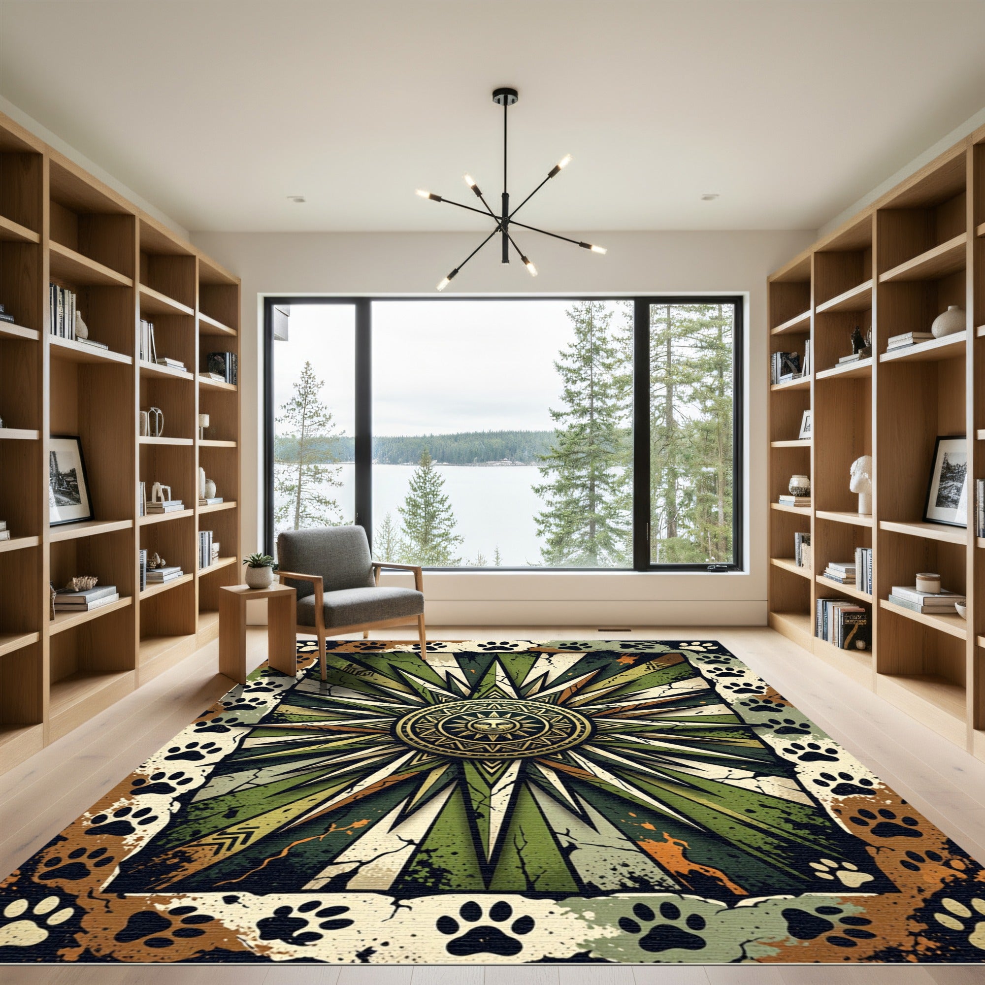Celestial Sunburst Olive Paw Earthy Area Rug