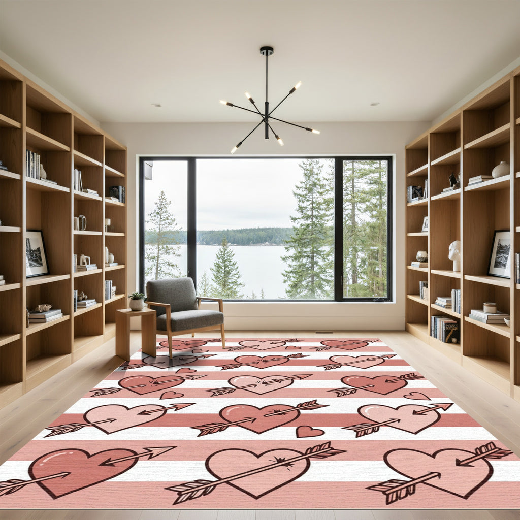 Pink Striped Hearts Arrow Motif Rug