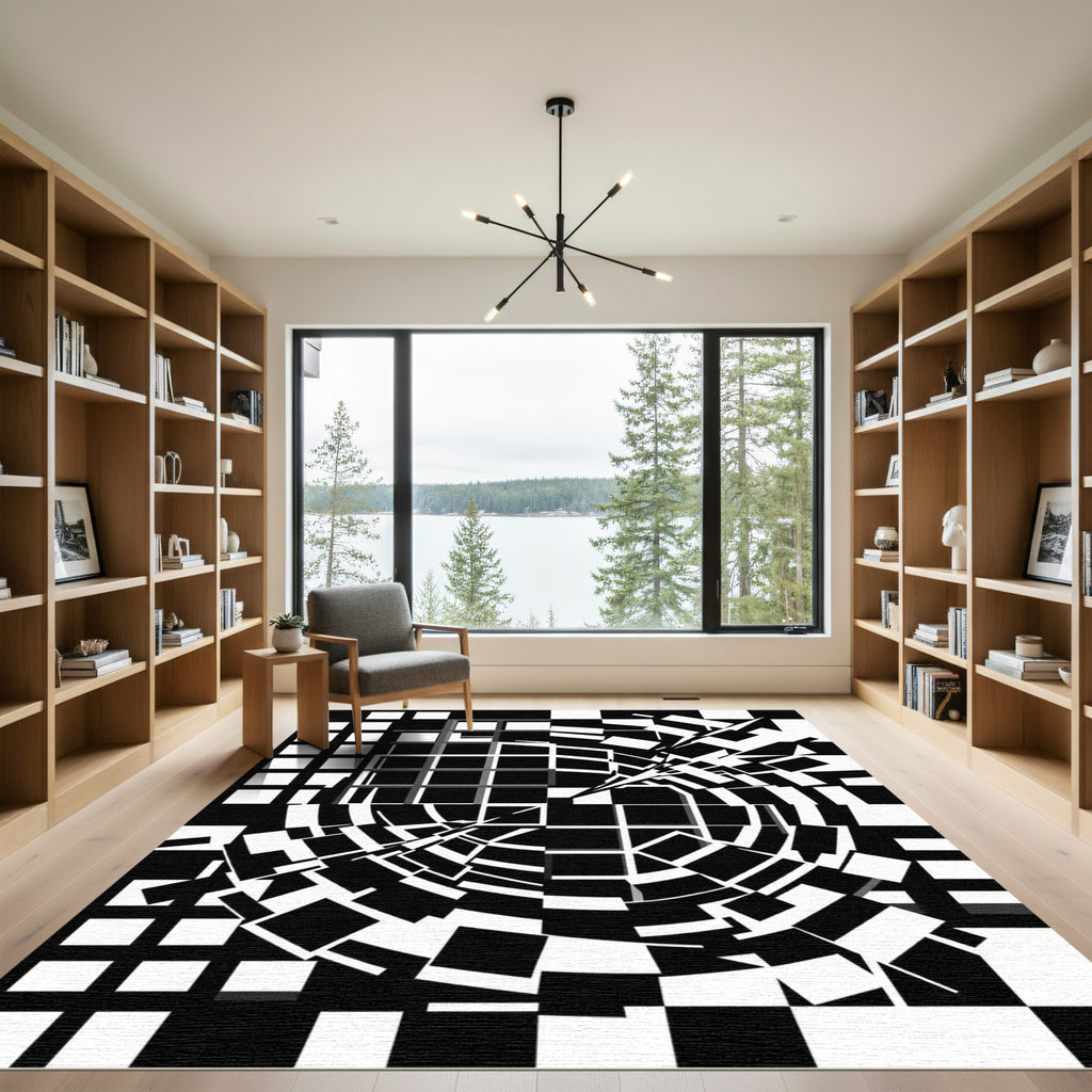 Monochrome Geometric Abstract Vortex Art Rug