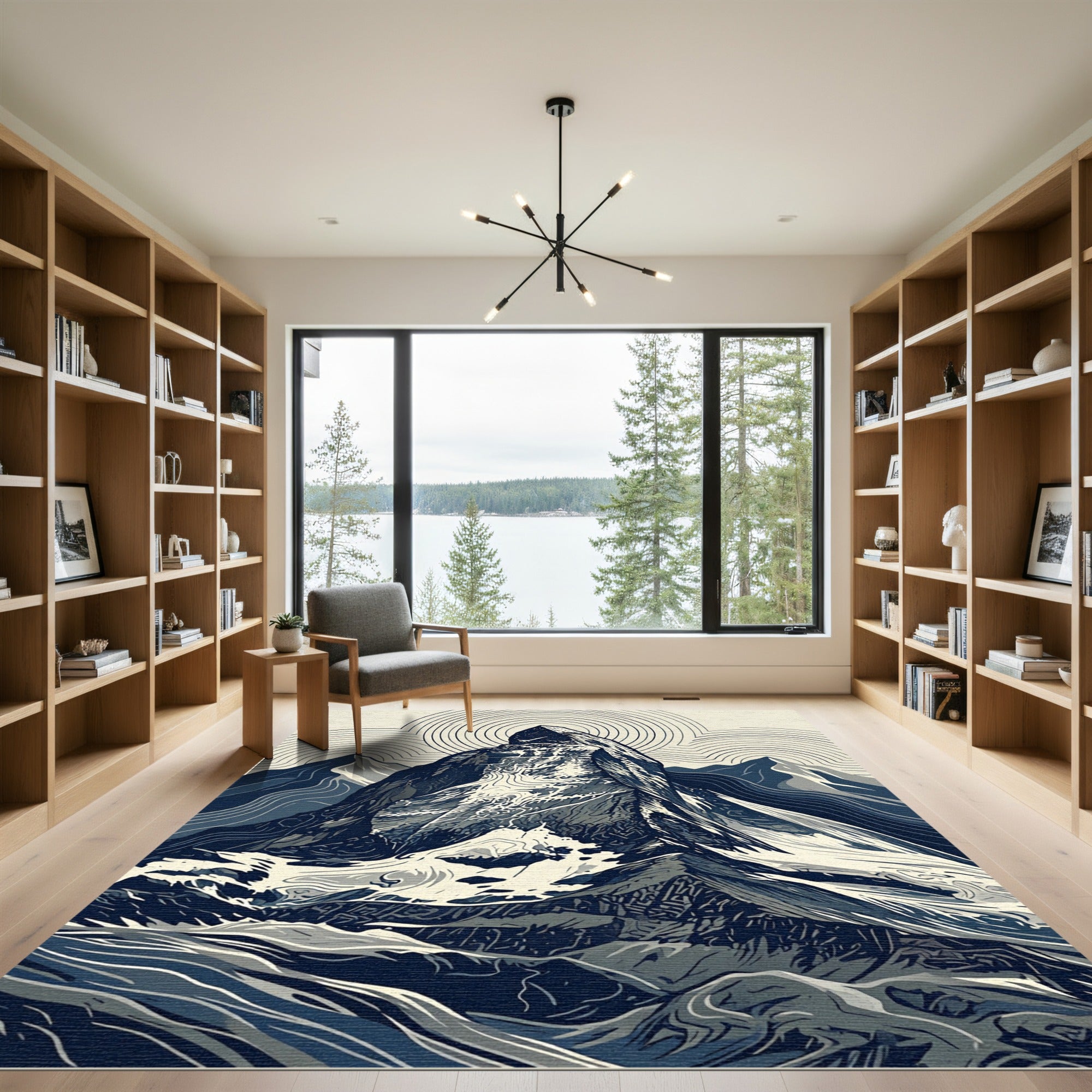 Minimalist Alpine Mountain Zen Line Art Rug
