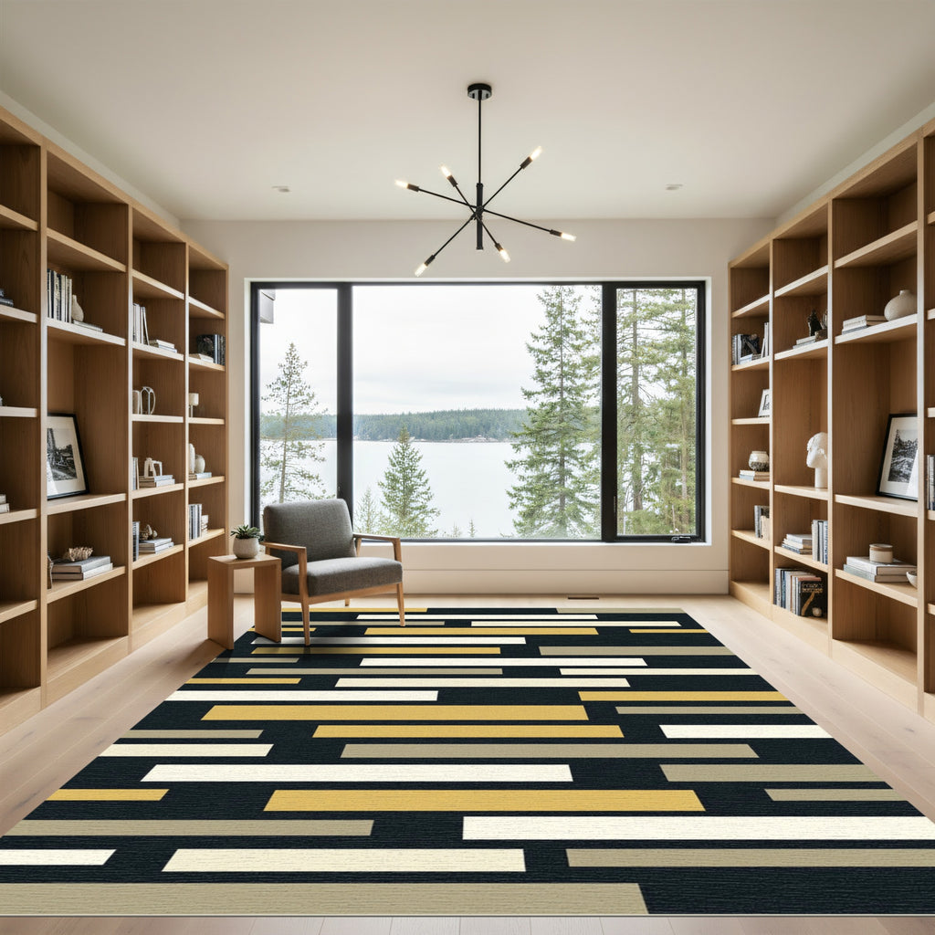 Gold Cream Gray Horizontal Stripe Rug
