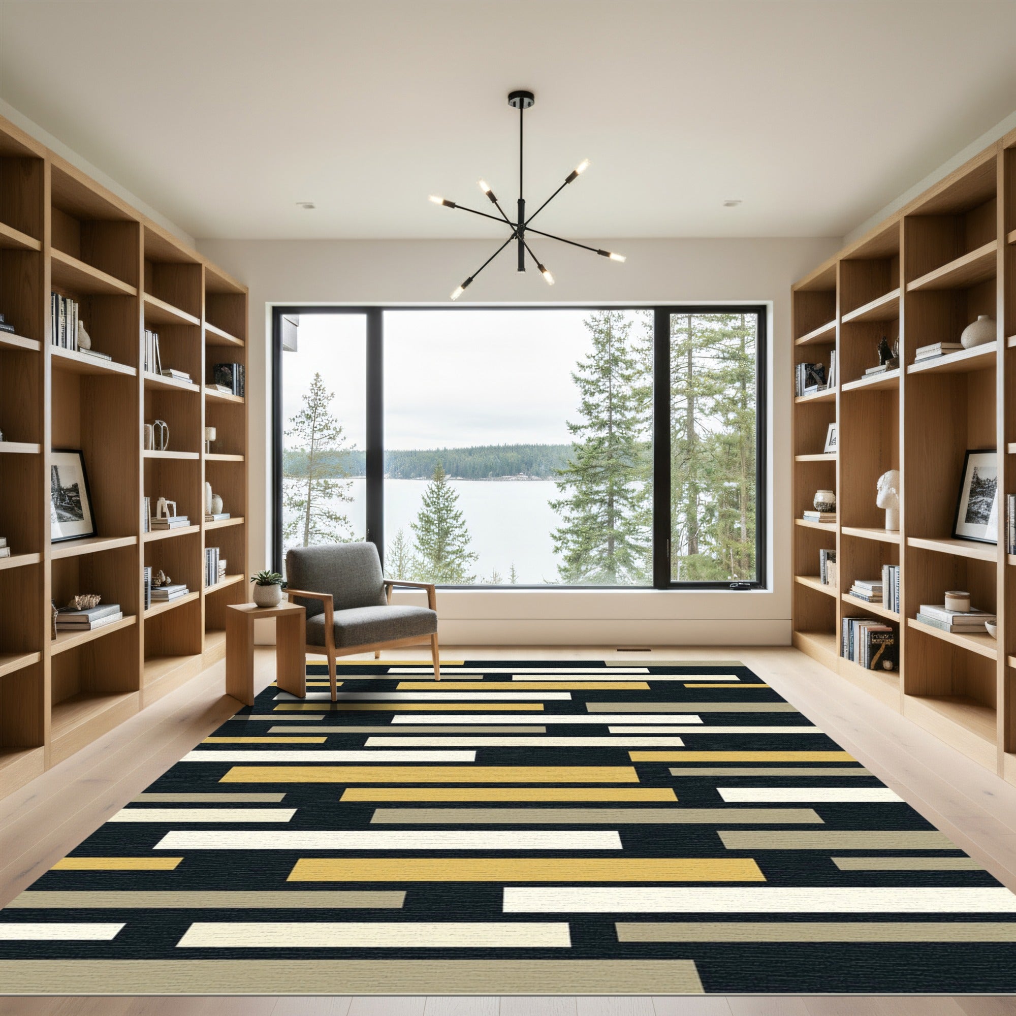 Gold Cream Gray Horizontal Stripe Rug