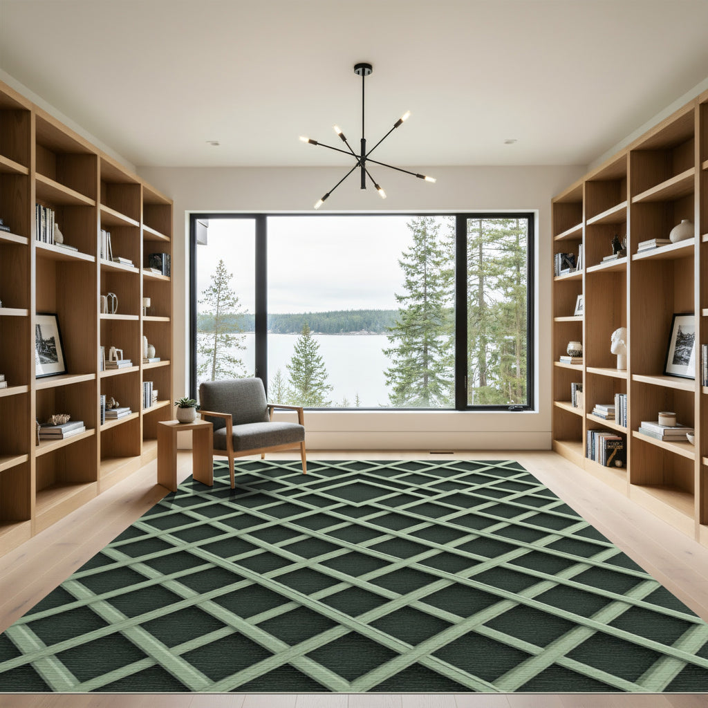 Sage Green Geometric Lattice Grid Rug