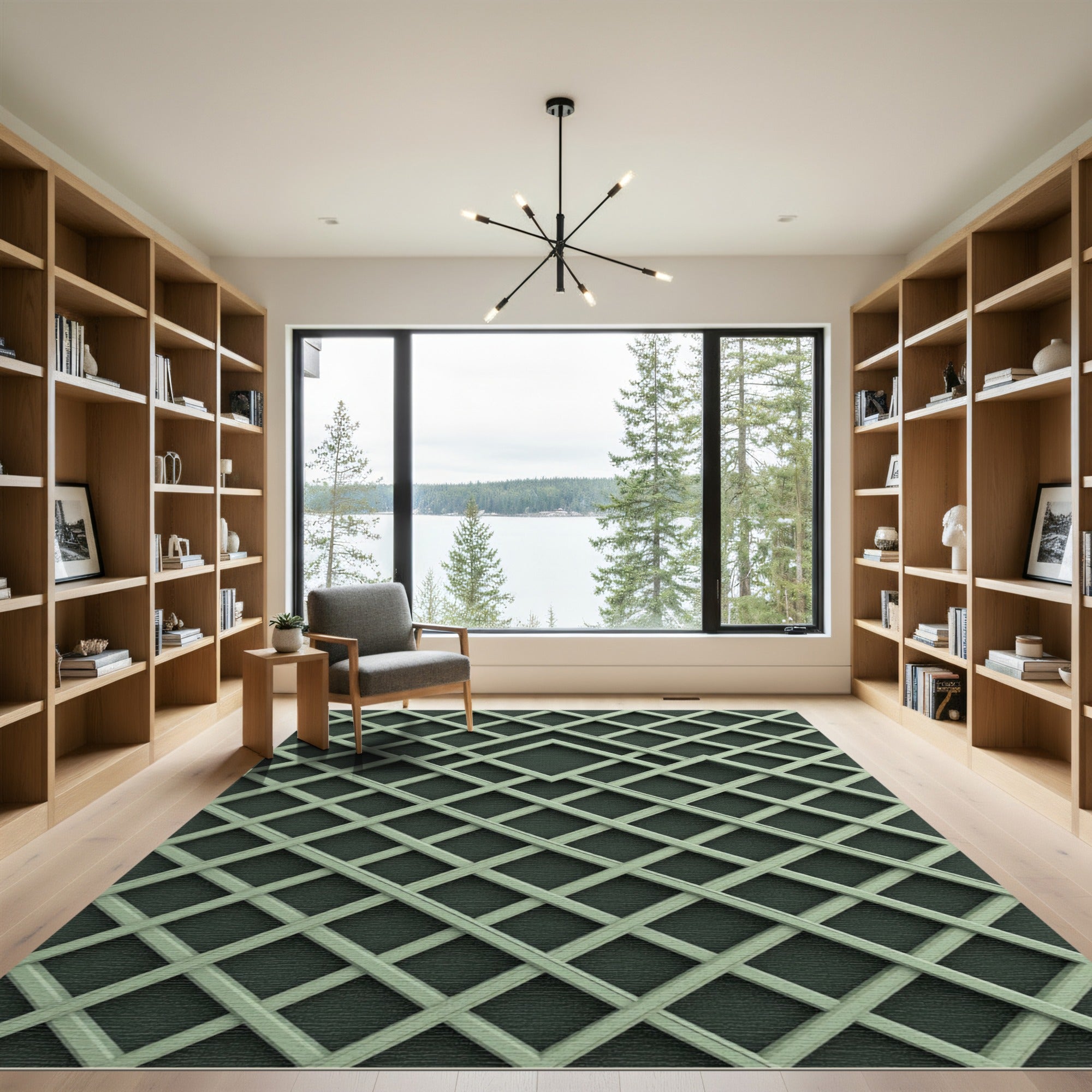 Sage Green Geometric Lattice Grid Rug