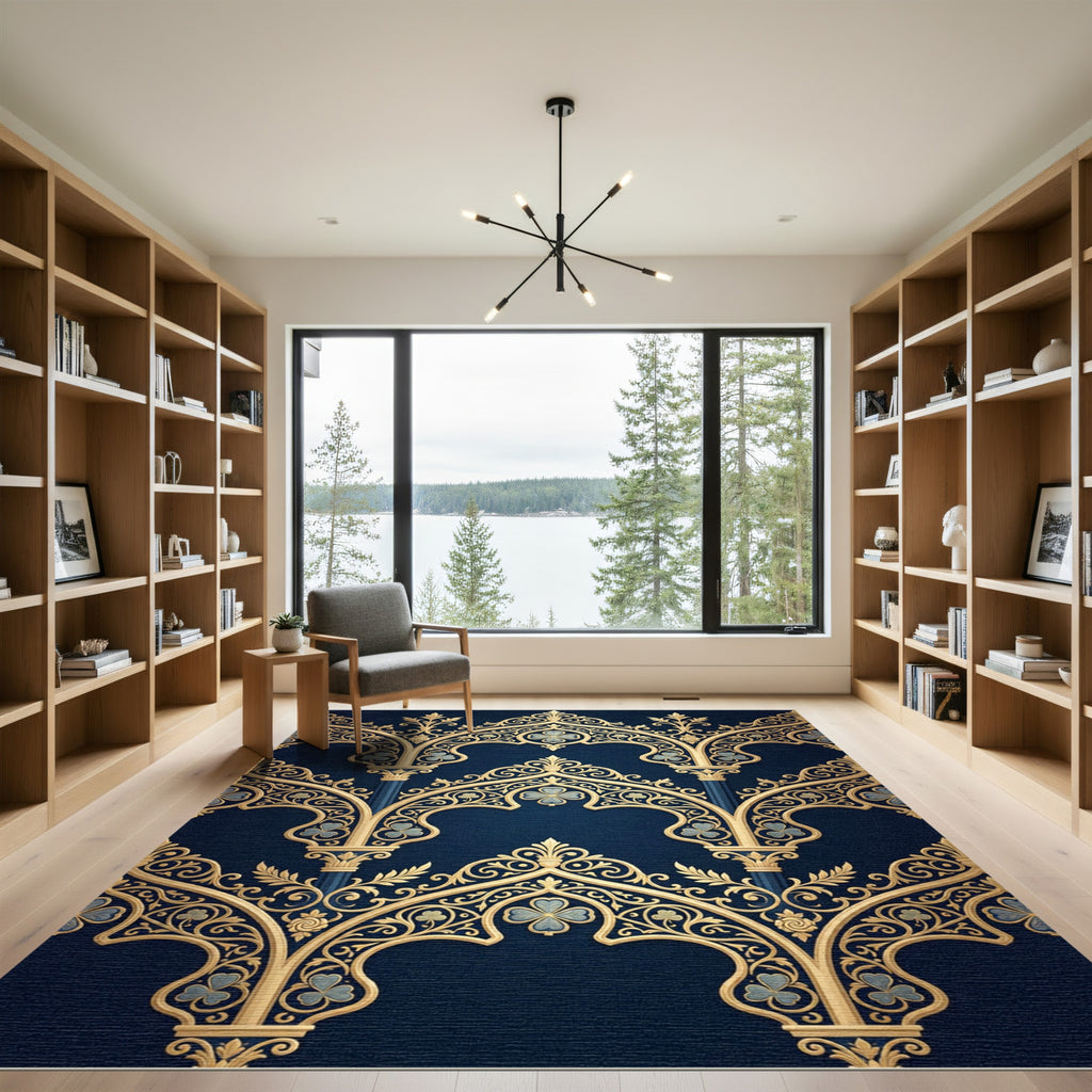 Gilded Gothic Arch Navy Floral Scroll Rug