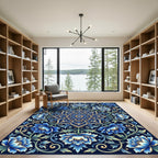 Deep Blue Floral Medallion Scrollwork Rug