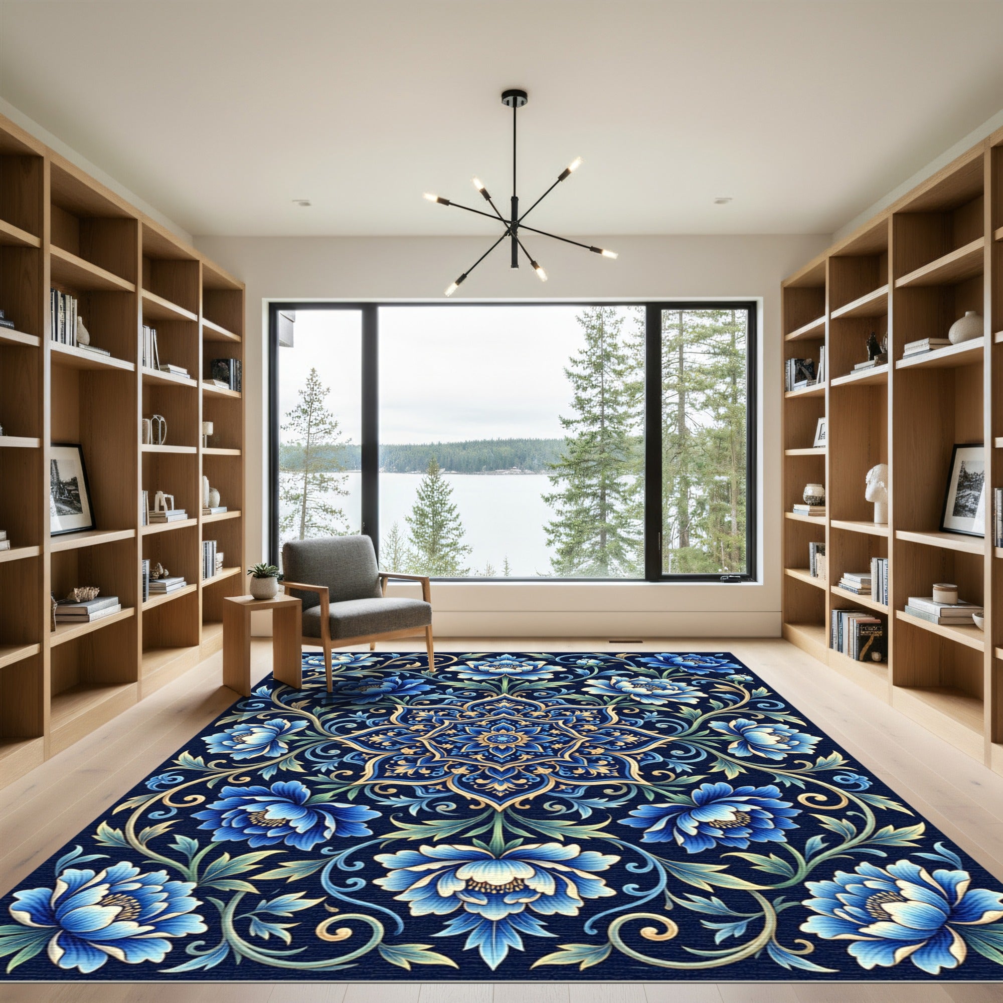 Deep Blue Floral Medallion Scrollwork Rug