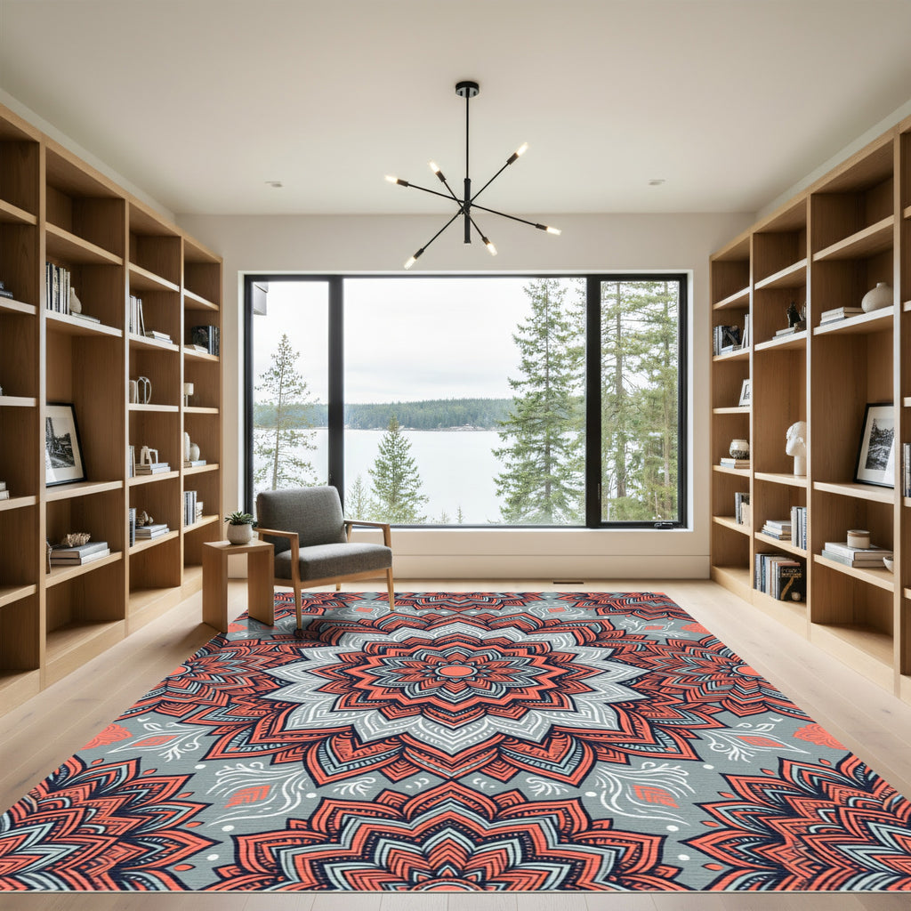 Coral Mandala Gray Background Rug