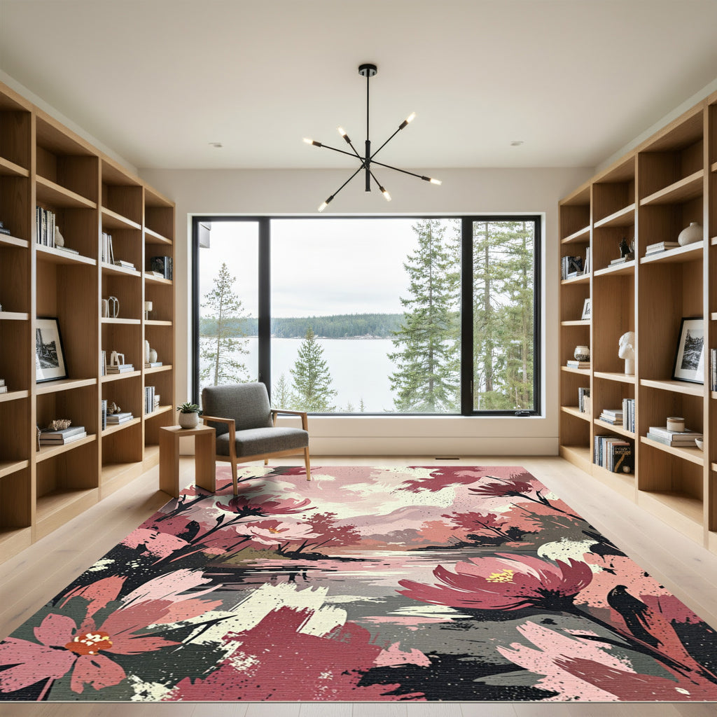 Crimson Floral Lakeside Abstract Landscape Rug
