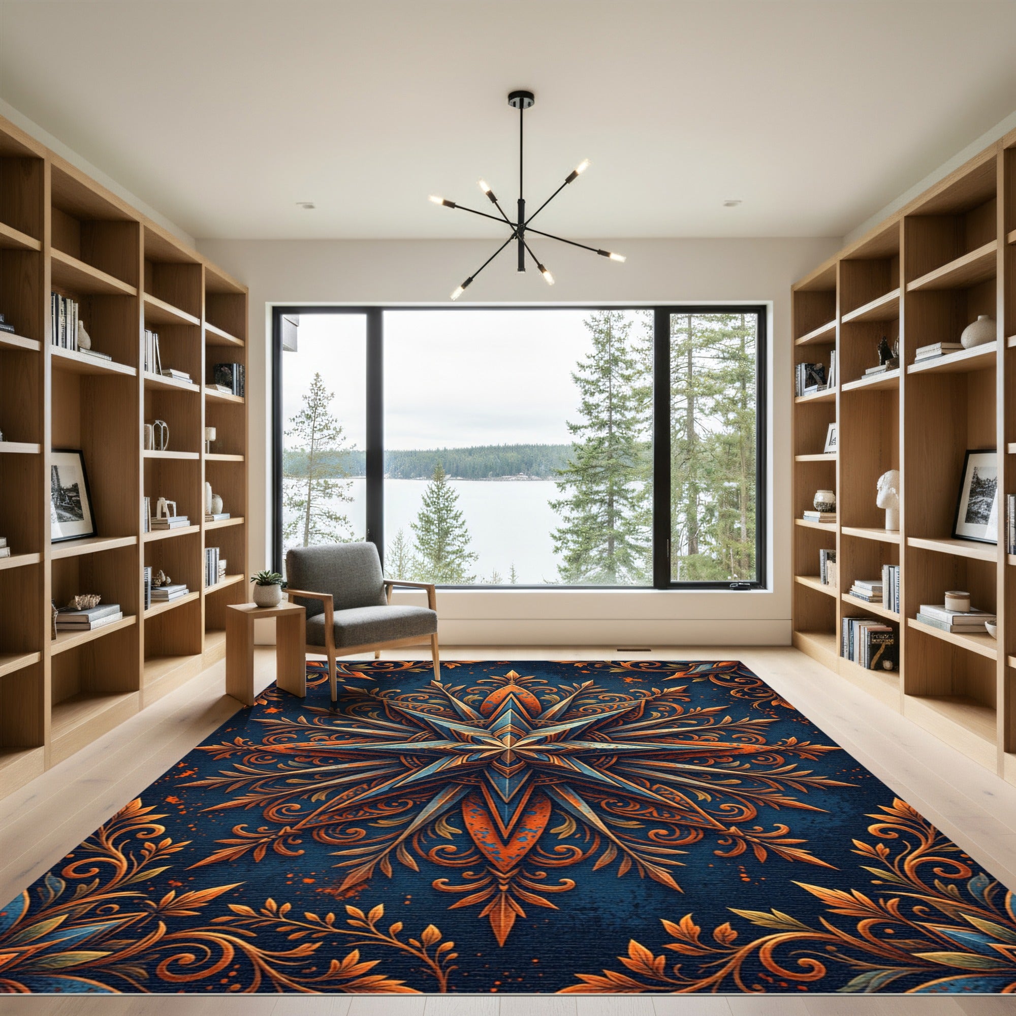 Intricate Blue Orange Star Mandala Rug