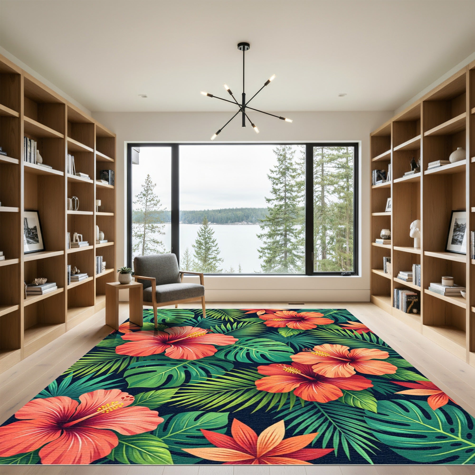 Tropical Vibrant Orange Hibiscus Foliage Rug