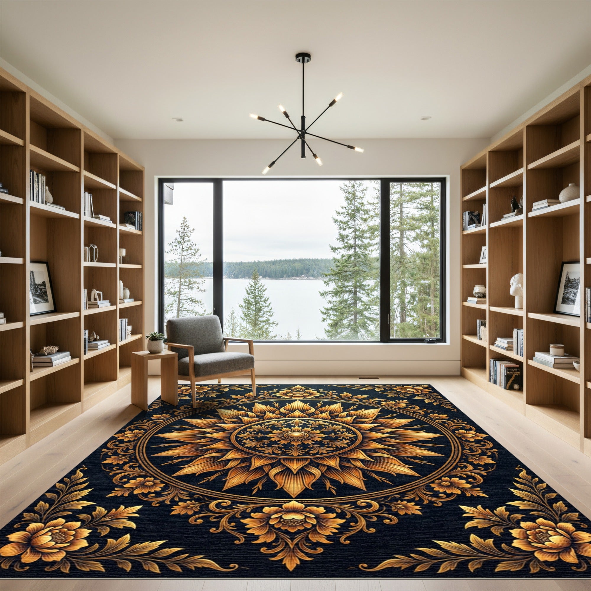 Golden Ornate Floral Sunburst Medallion Rug