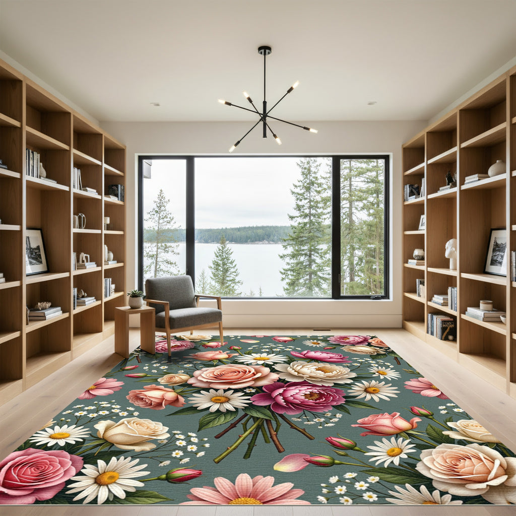 Elegant Rose and Daisy Floral Bouquet Rug