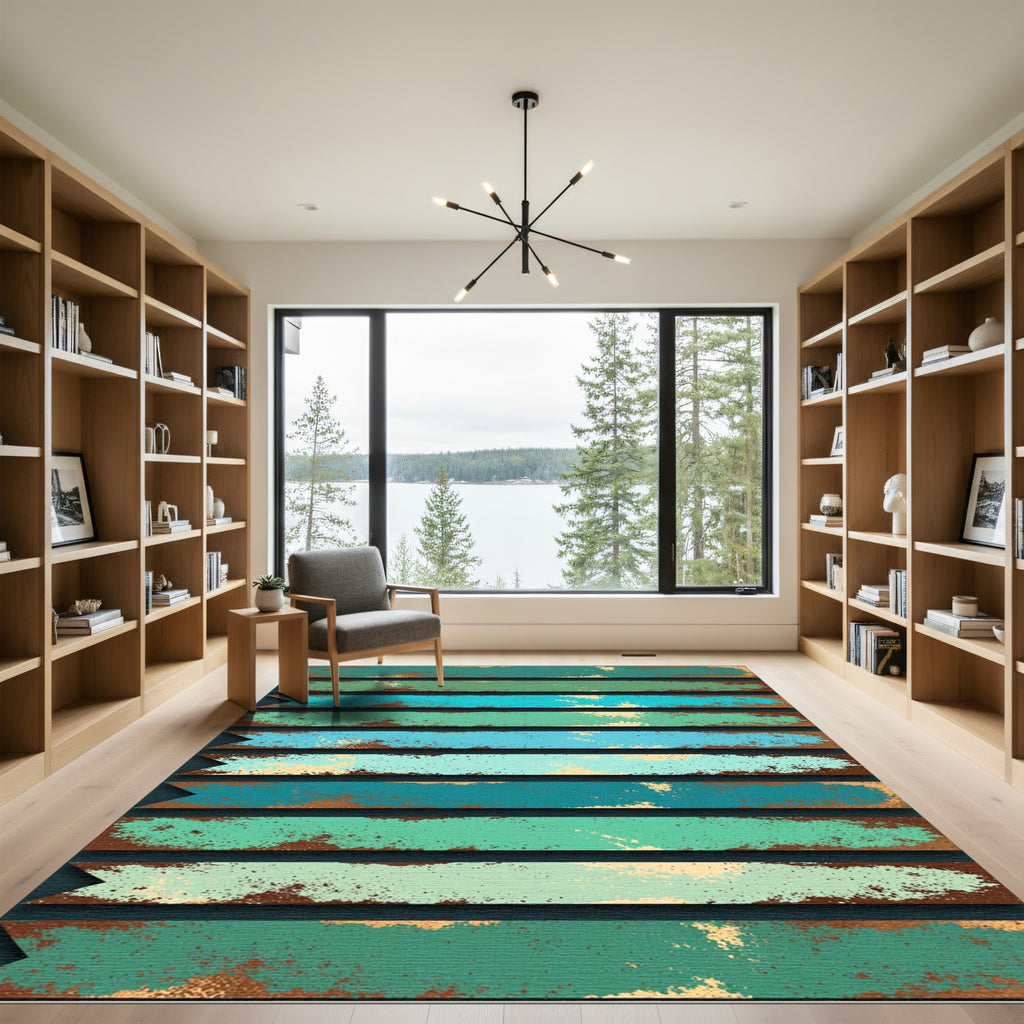 Distressed Teal and Copper Striped Texture Rug