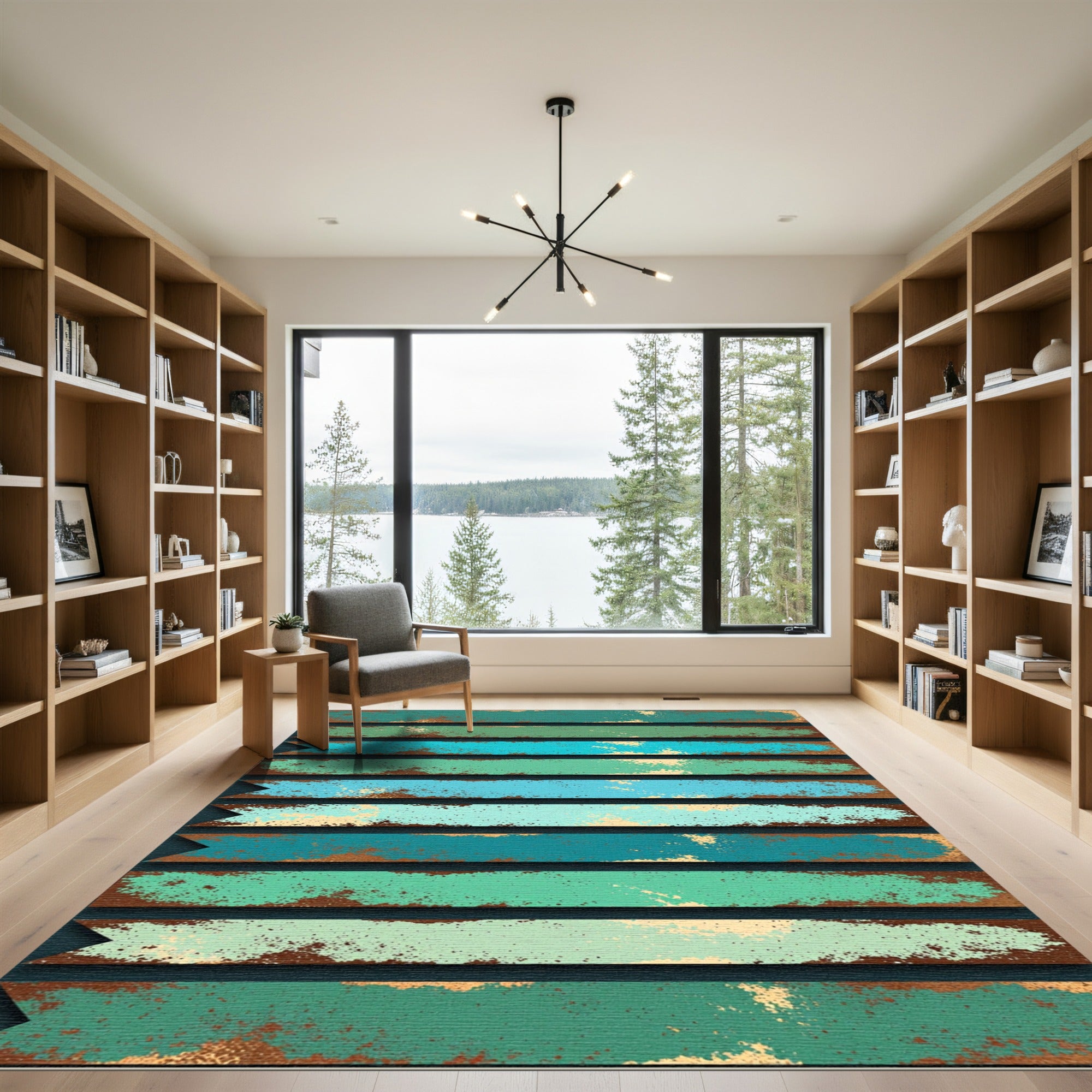 Distressed Teal and Copper Striped Texture Rug
