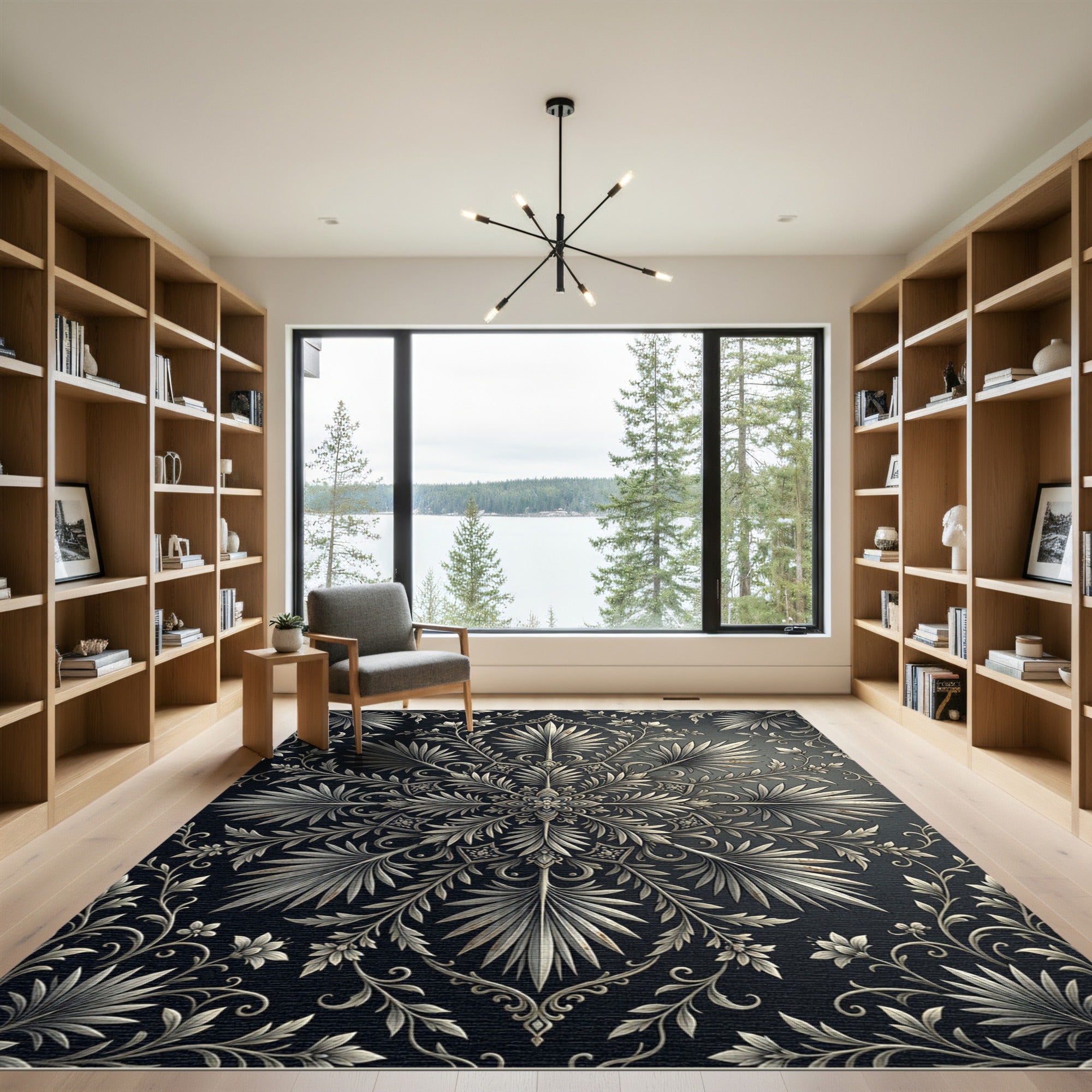 Ornate Silver Floral Scroll Rug