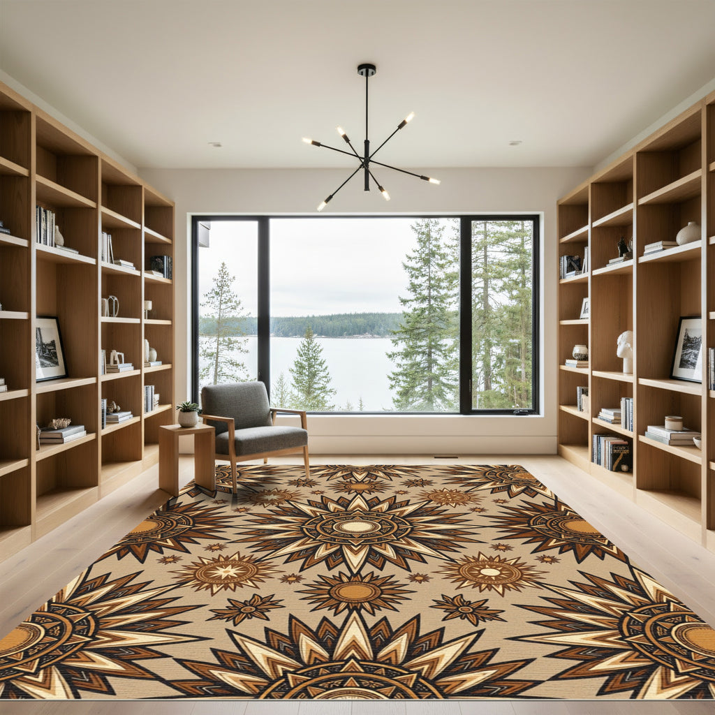 Earthy Bronze Sunburst Celestial Tapestry Rug