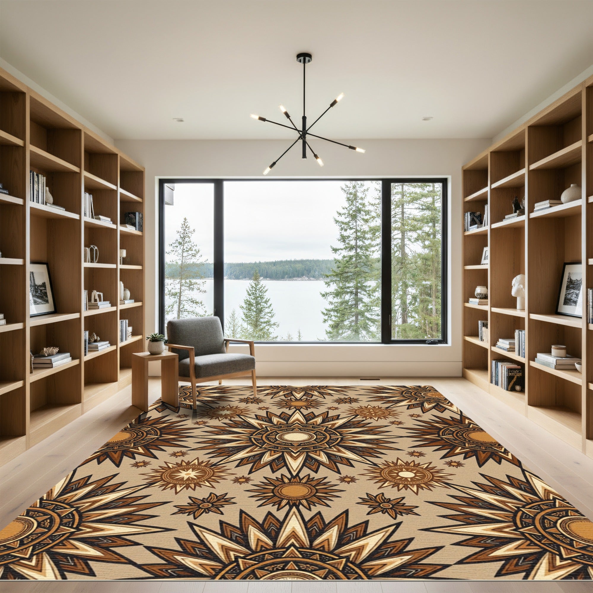 Earthy Bronze Sunburst Celestial Tapestry Rug