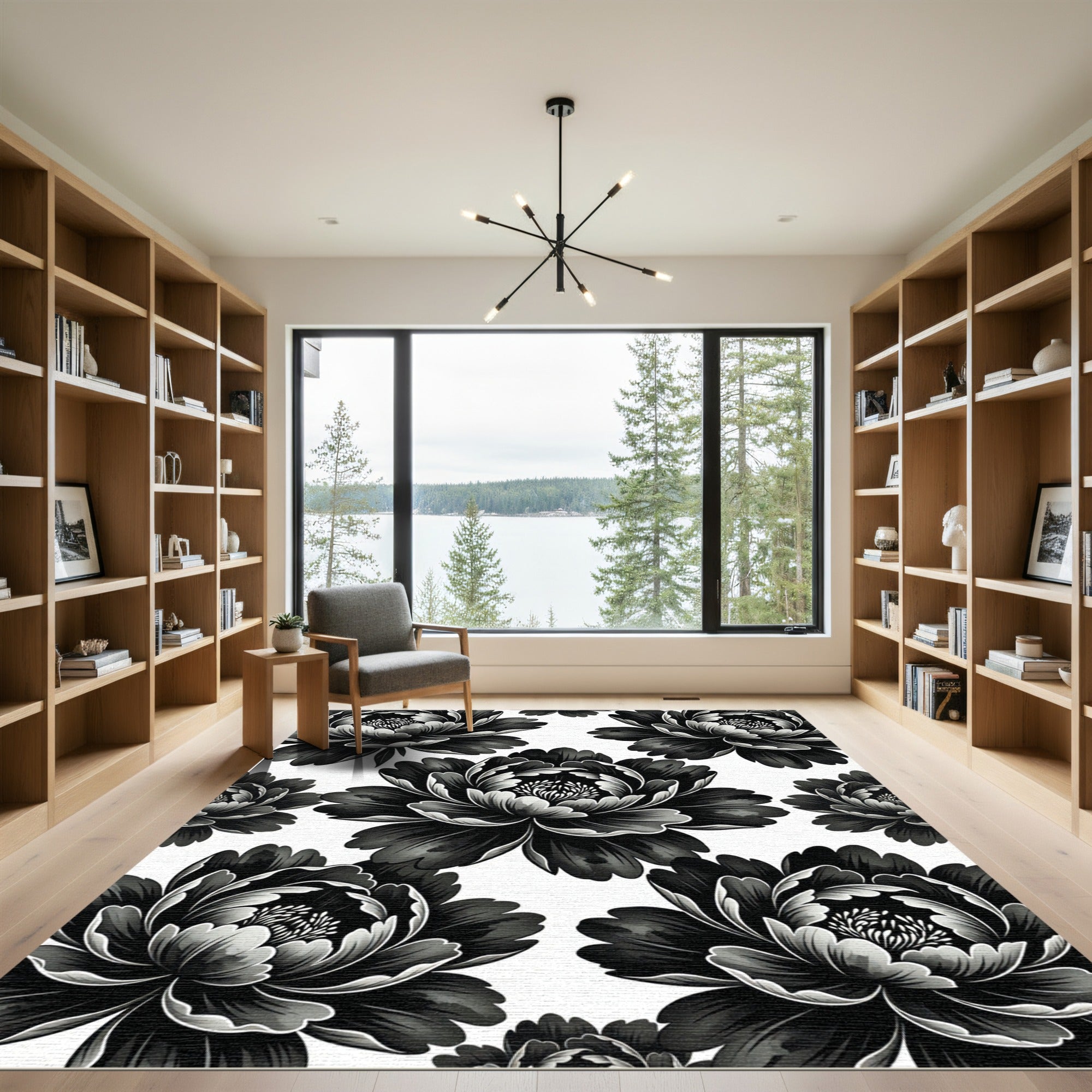 Monochromatic Black and White Peony Bloom Rug