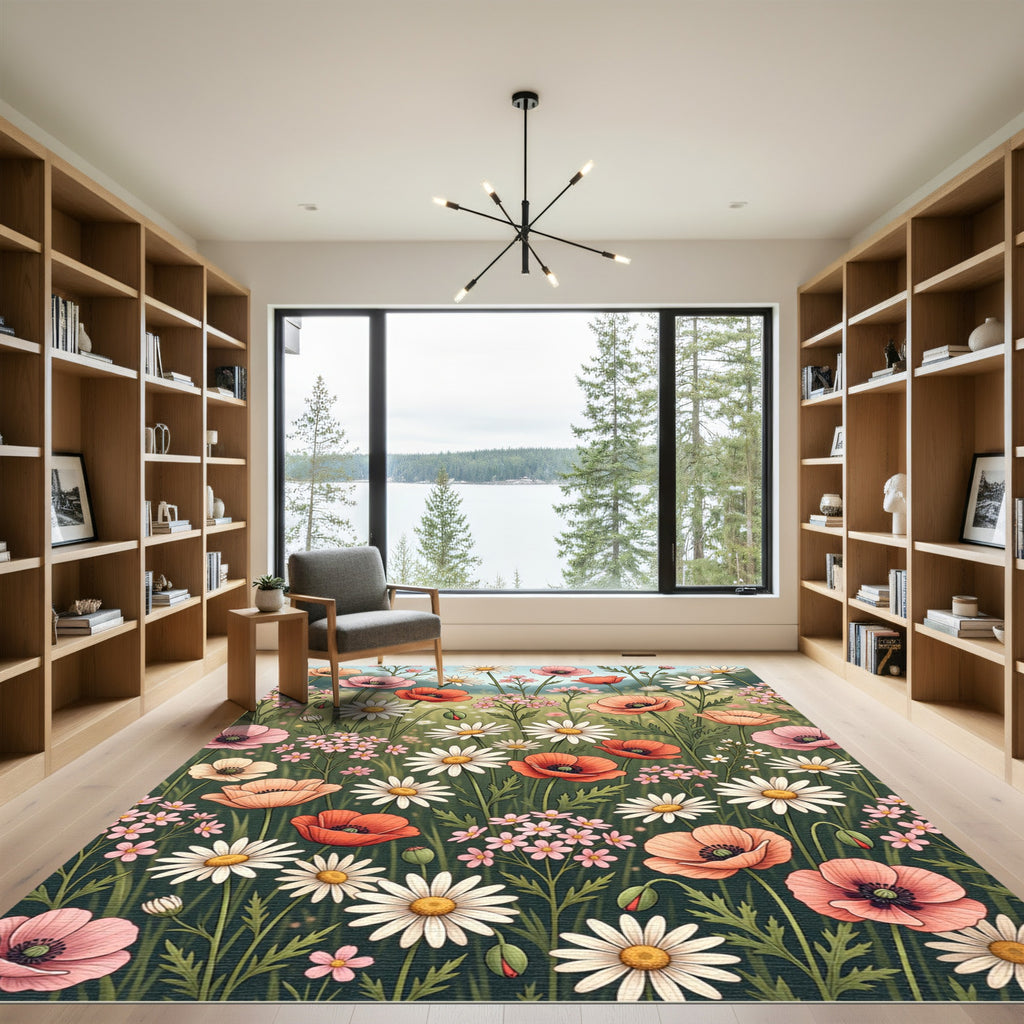 Soft Watercolor Poppy and Daisy Meadow Rug
